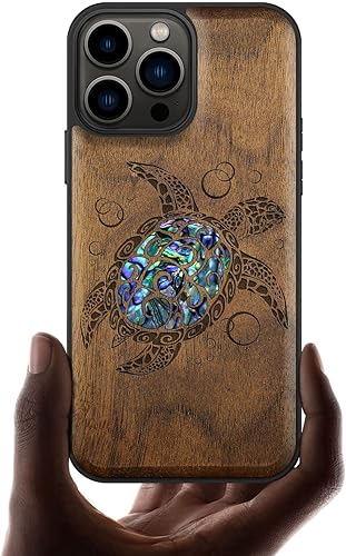 Carveit Funda protectora de madera de diseñador para iPhone 13 Pro Max, cubierta magnética, grabado de madera e incrustaciones de concha, funda de