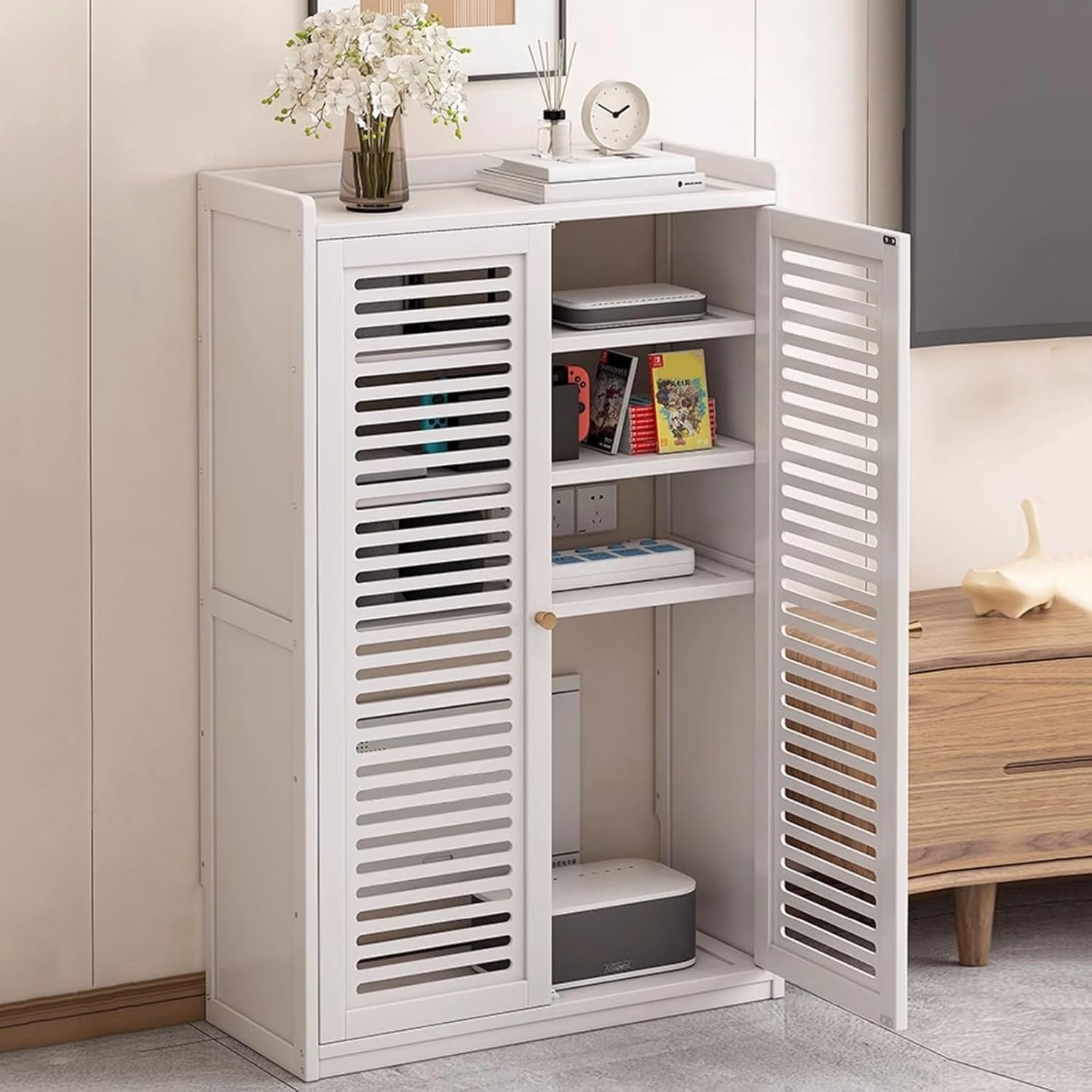 Bamboo WiFi Router Storage Cabinet with Adjustable Shelves, WiFi Router Hidden Box Floor Freestanding Cabinets Organizer with 2 Doors, for Bedroom Living Room(Brown,Medium)