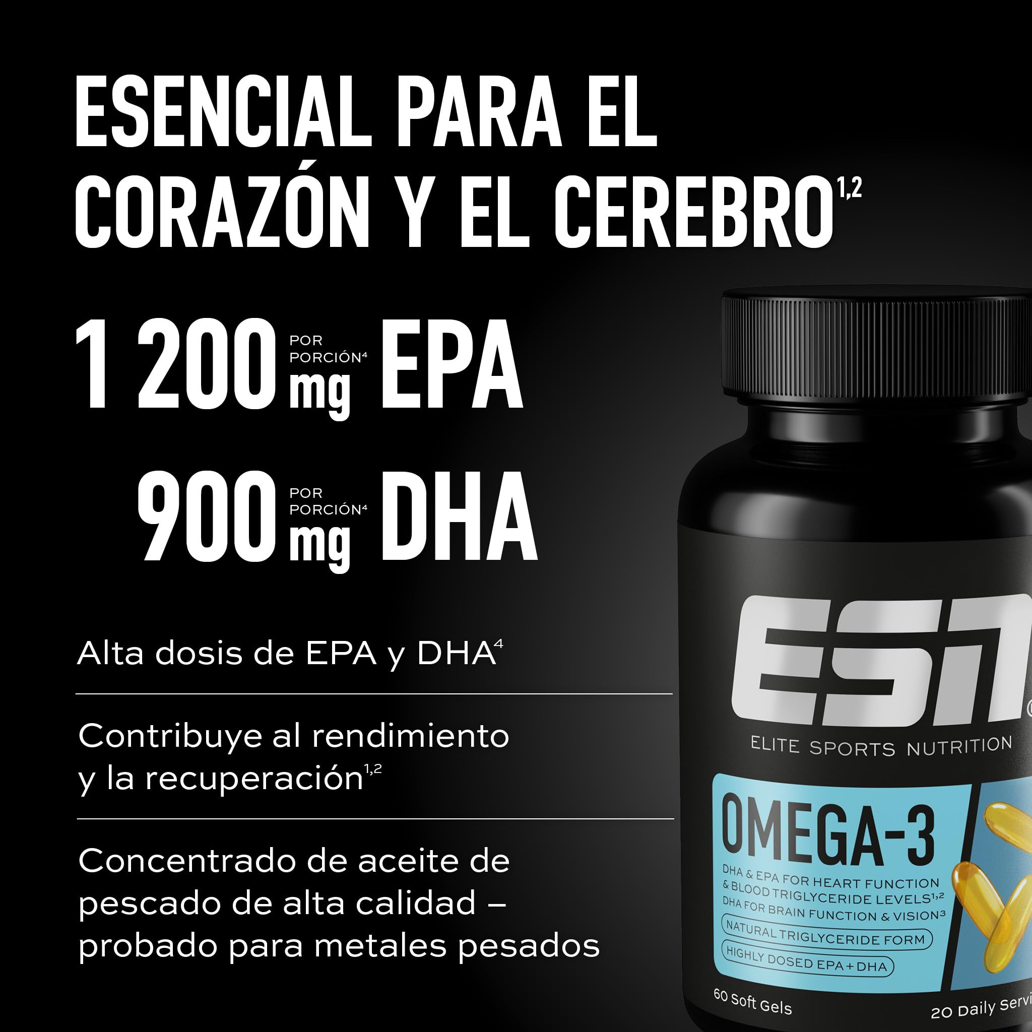 ESN Omega-3, 300 cápsulas | EPA y DHA en dosis altas, 1200 mg de EPA y 900 mg de DHA por dosis, fabricado en Alemania
