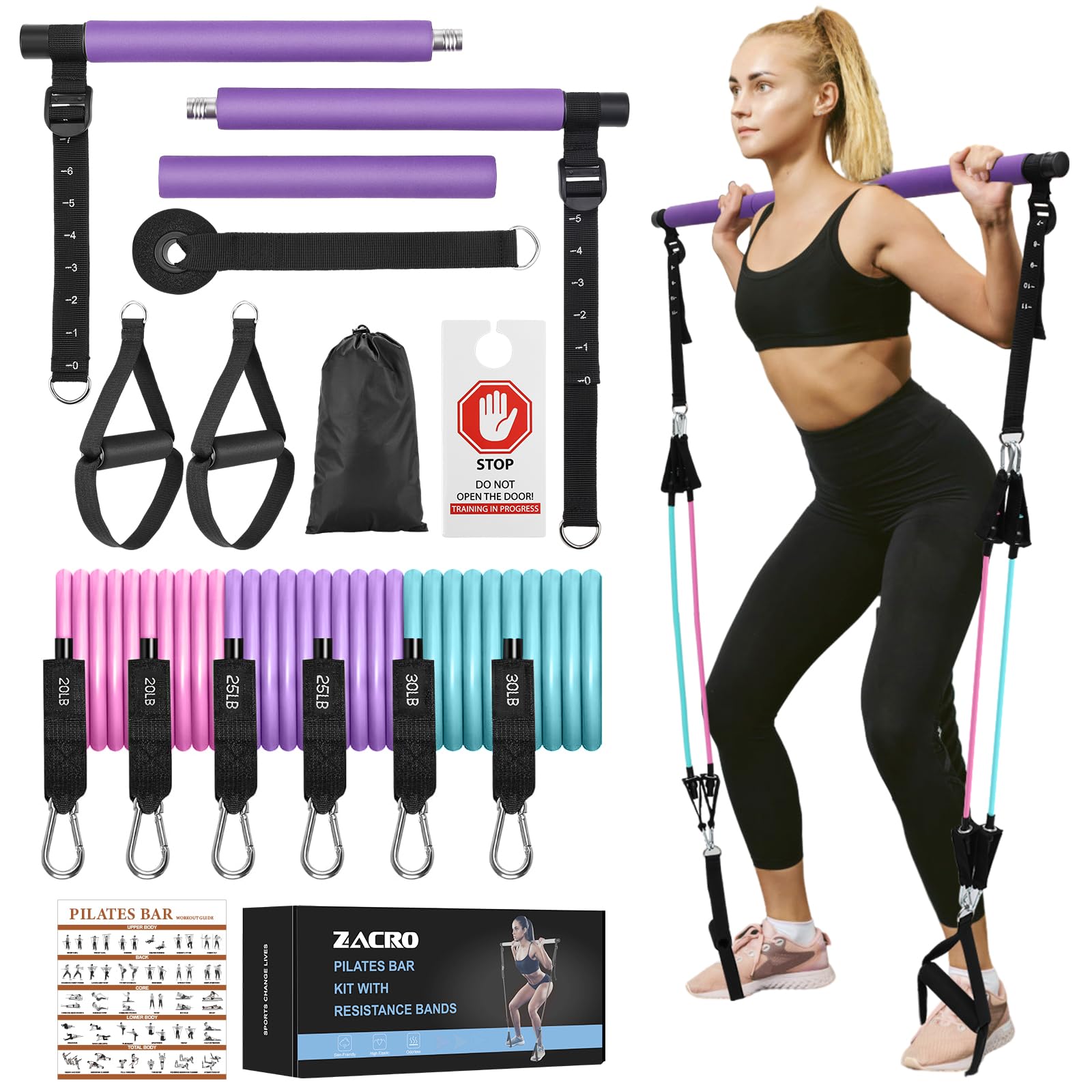 Zacro Kit de Barra de Pilates - Sets de Pilates con 6 Bandas de Resistencia, Ajustables Juego de Bandas de Fitness Smart Workout, Gomas Elasticas Musculacion para Gimnasio En Casa