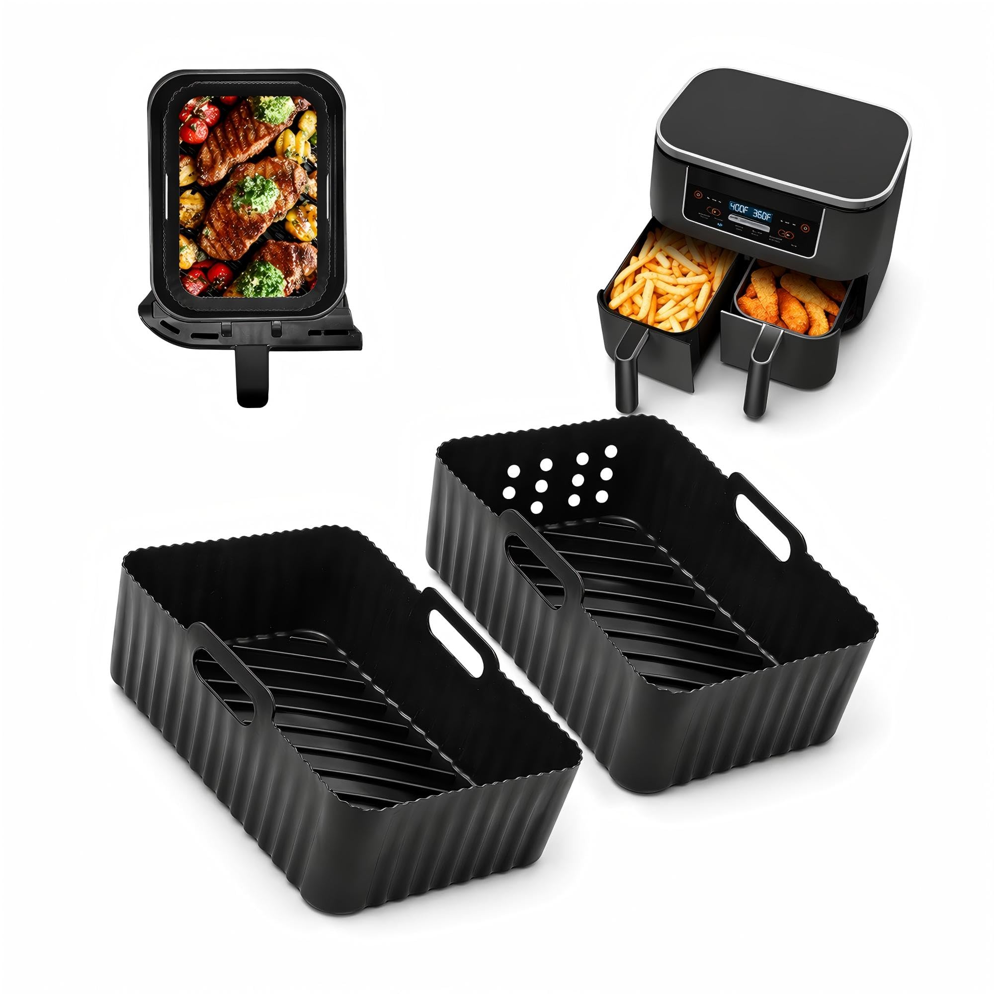 Szyeequoo Silicone Air Fryer Liners for Ninja AF451UK AF400UK SL400UK, 2 Pack 4.25L Dual Basket Liners, 1 Perforated & 1 Solid, Reusable Air Fryer Accessories for 9.5L Dual Zone