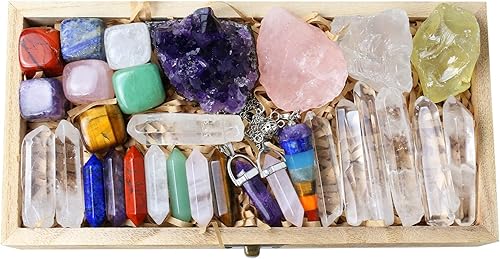 Kit de cristales curativos y piedras en caja, juego de cristal de chakra, cristal de amatista, cuarzo rosa, citrino, varitas de cuarzo transparente,