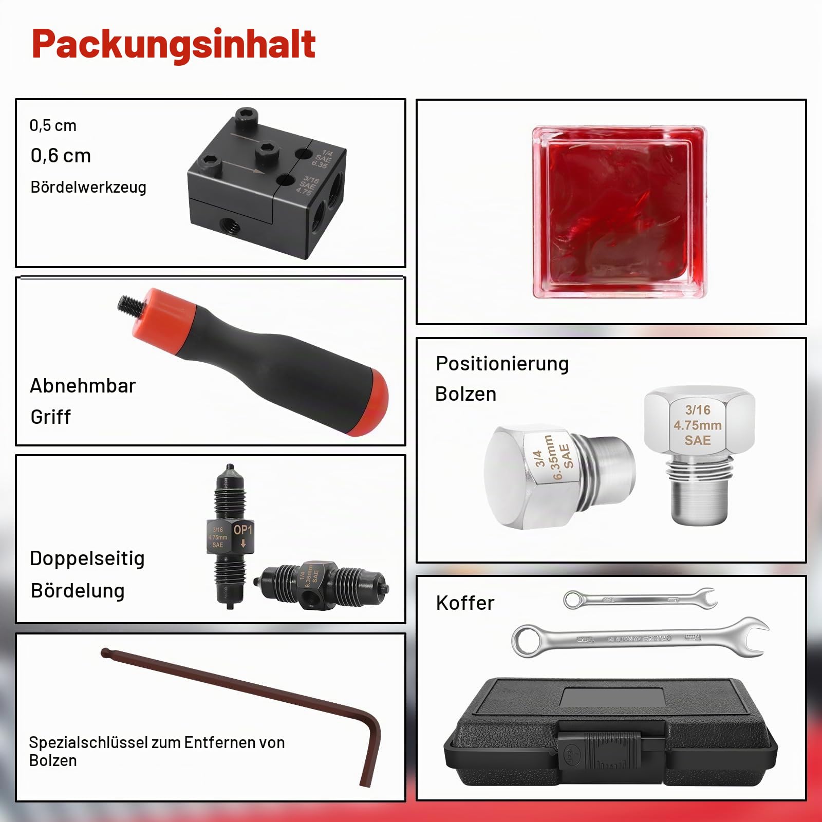 RUIZHI Bremsleitung Bördelgerät für SAE Bördelungen, 7,62m Ø4,75mm Bremsleitung Bördelgerät Satz mit 16 Anschlüssen+5 Verbinder +17mm Ratschenschlüssel, für Brems- BZW Hydraulikleitungen Verwendet