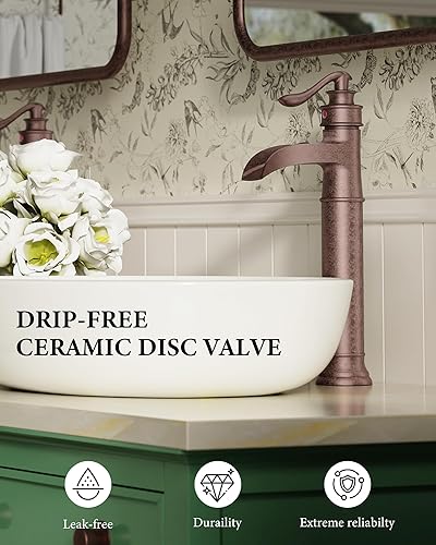 Miniatura 5 de Grifo de lavabo de cobre, grifos altos de baño, cascada, mango único, 1 agujero, antiguo, con drenaje desplegable y líneas de suministro, grifo