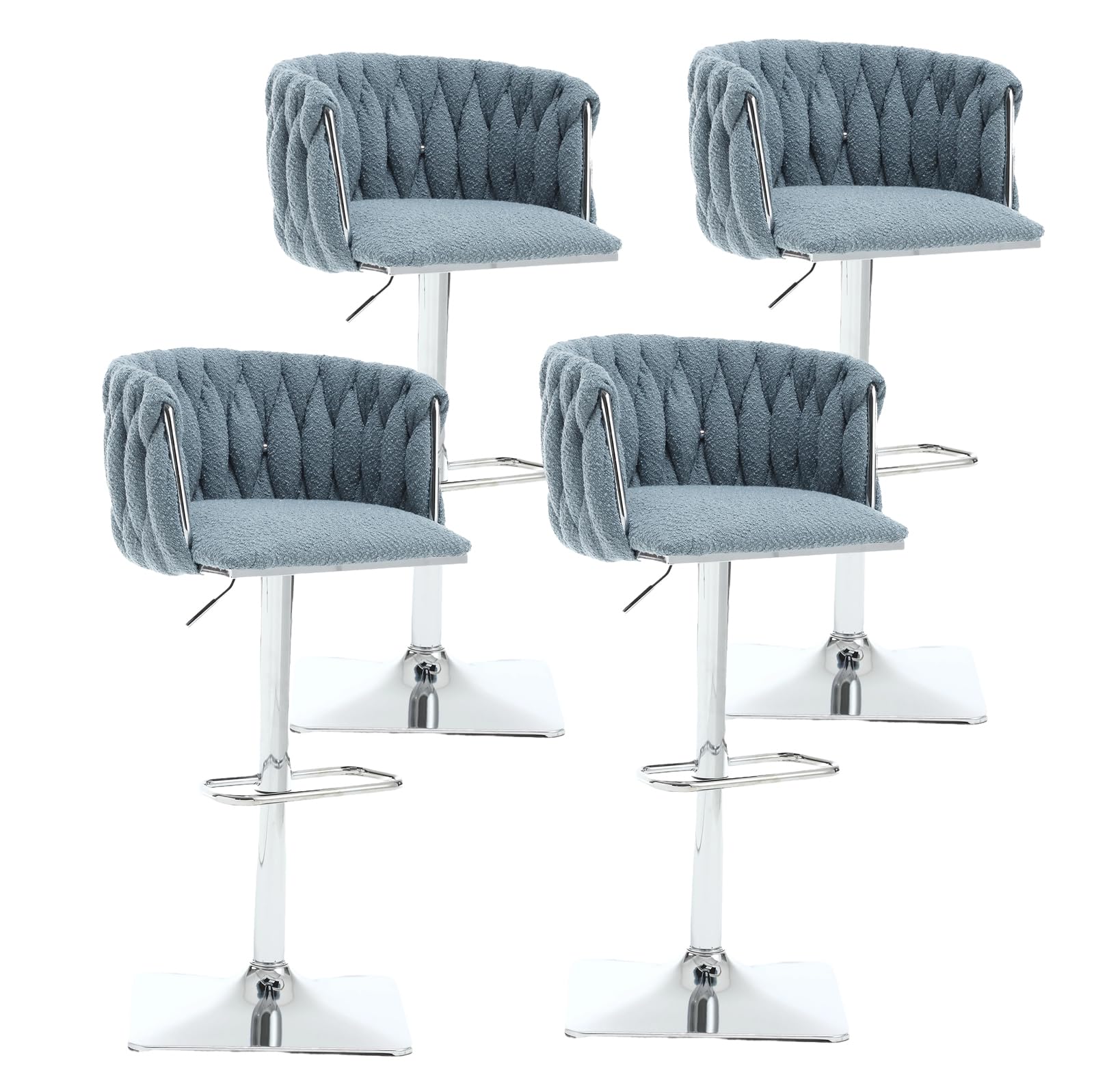 Boucle Bar Stools Set of 2, Swivel Counter Height Barstools with Woven Back, Modern Adjustable Bar Chairs with Silver Base for Kitchen Island, Bar Counter, Cafe, Pub (Light Blue)