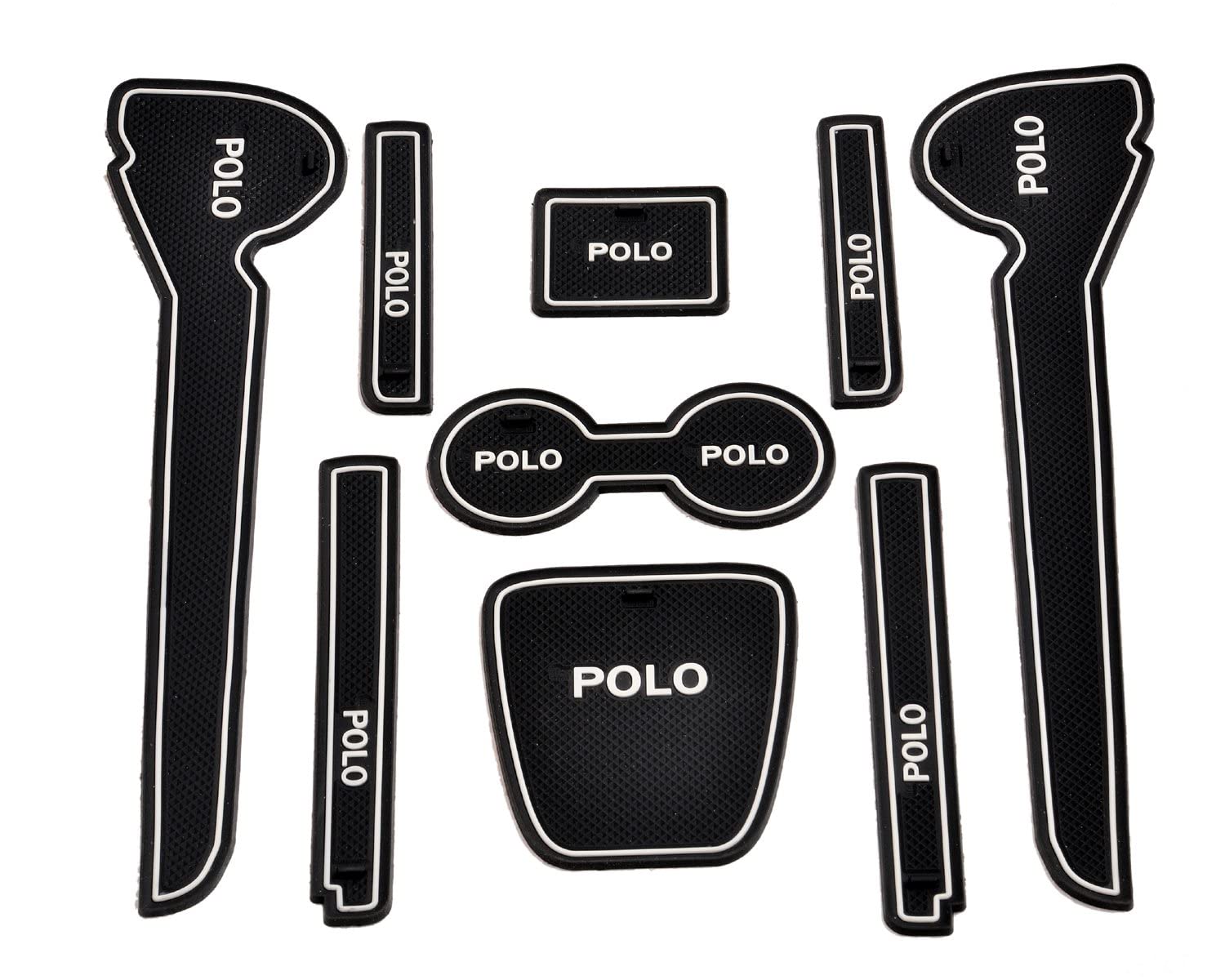 Car Drome - The Mat Store® | Door Cup Mats for Volkswagen Polo, Premium Sporty Interior Car Accessories, Custom Fit Set of 9 Pieces (White Trim)