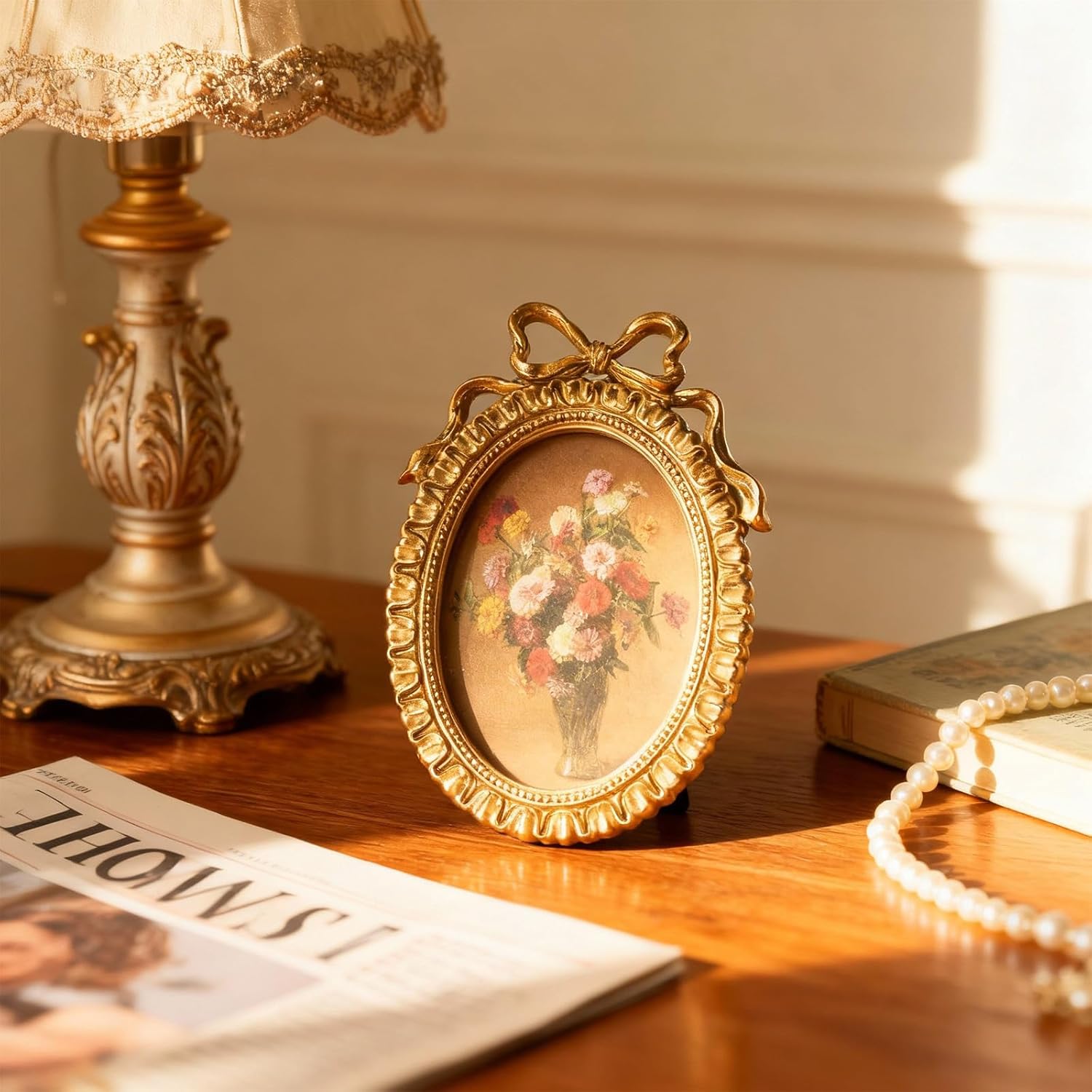 Chunful 1 Pcs Vintage Gold Bow Picture Frames 5x7 Inch Oval Antique Photo Frames Ornate Baroque Resin with Glass Front for Home Tabletop Display Wedding Gallery Wall Hanging Party Decor Oval 5 x 7 Inch