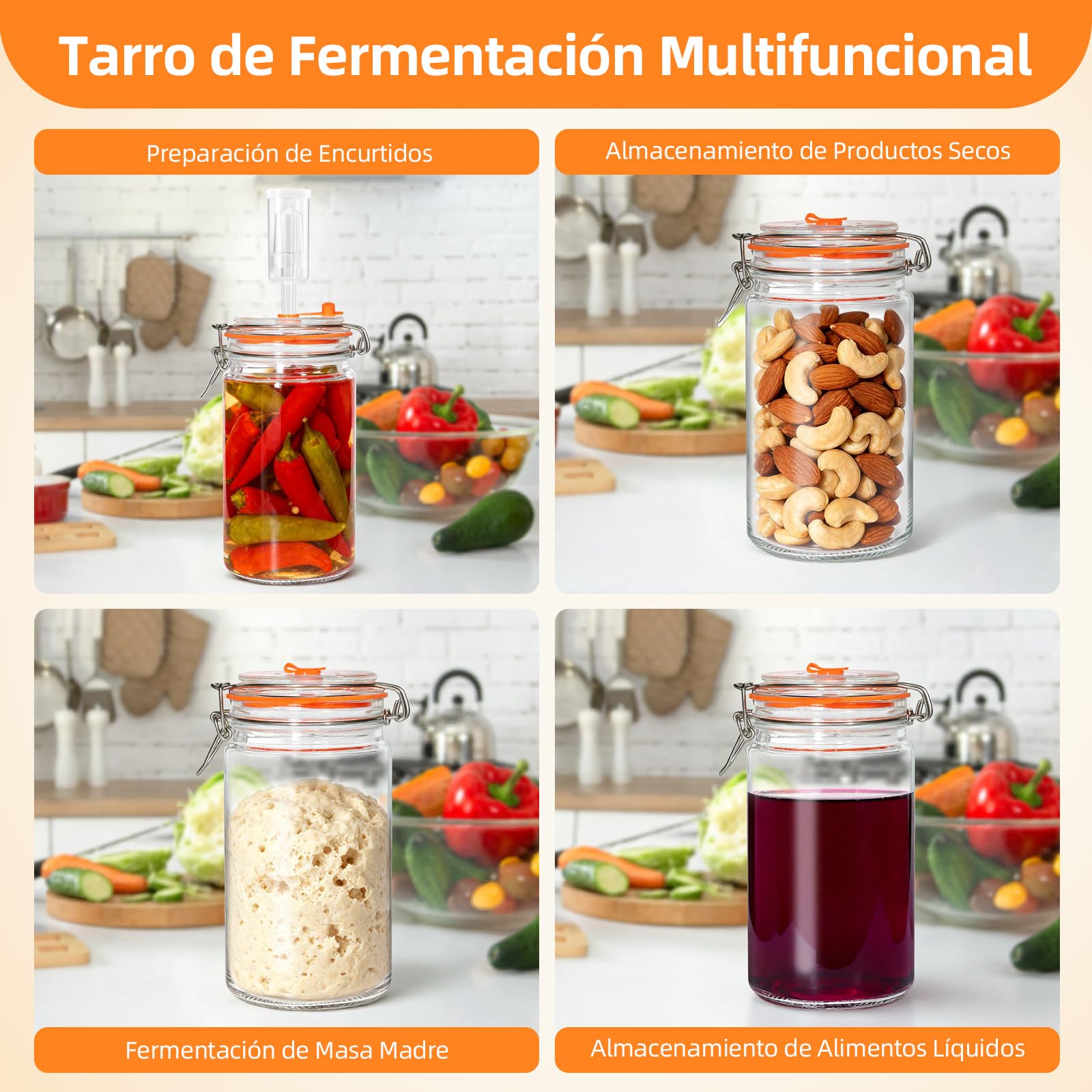Kit de 2 Tarros de Fermentación de 1,5L con Pesas de Vidrio - Recipiente para Kimchi, Chucrut, Kombucha y Verduras Encurtidas - Incluye 2 Tarros y 2 Pesas