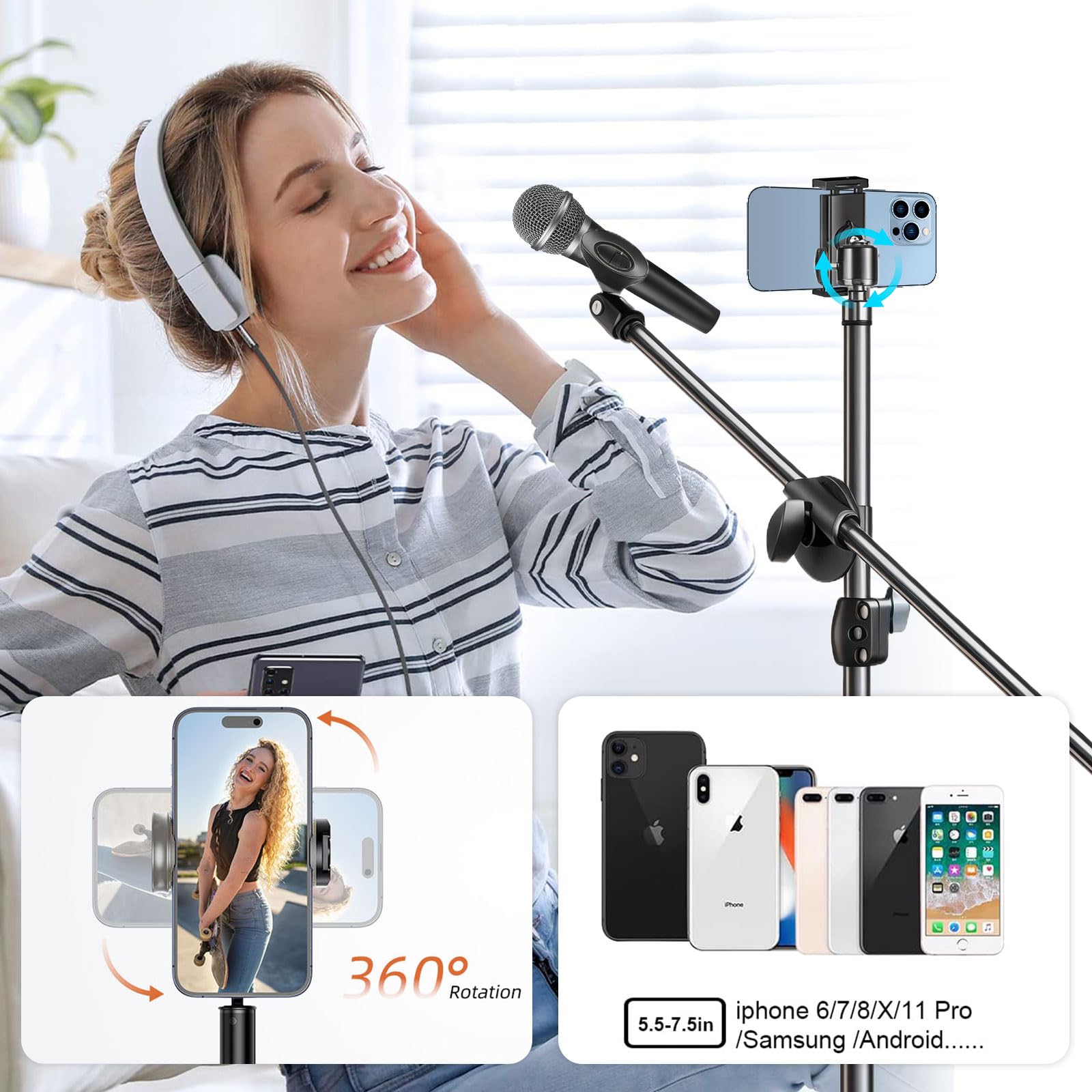 Support de Microphone de bureau Support de Microphone de Table Multifonctionnel réglable avec Clip de Microphone,Clip de Téléphone portable,Adaptateur métallique (Long Stand 2.1M)