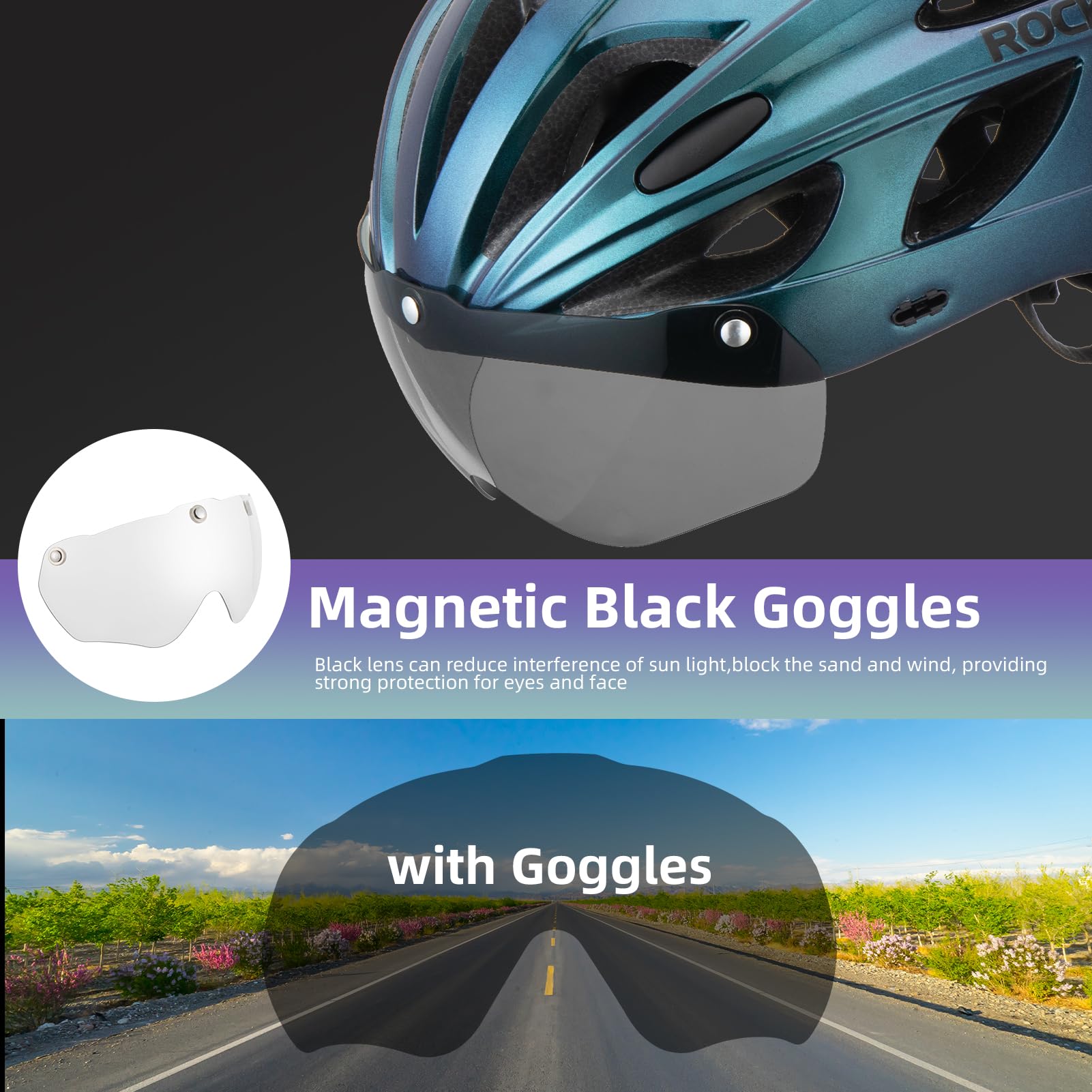 ROCKBROS Bike Helmet for Adult Men Women with Suggested Fit 58-62cm, Removable Goggles & Sun Visor, Lightweight with Adjustable Side and Chin Strap, Suitable for Myopia Glasses 2