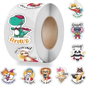1step2dream French Reward Stickers for Teachers | Motivational Praise Stickers for Students | Super Animal 300PCS,1.5"