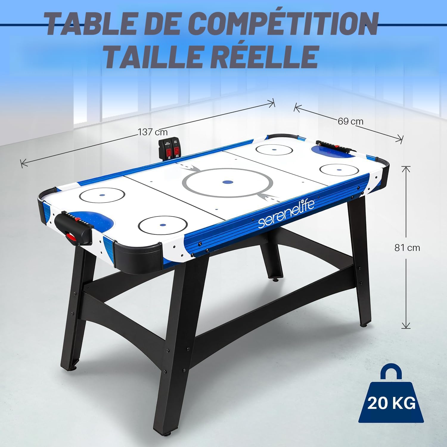 Table Air Hockey SereneLife – Moteur 12V, Tableau LED, 4 Poussoirs, 2 Palets, 147 Cm – Jeu Familial