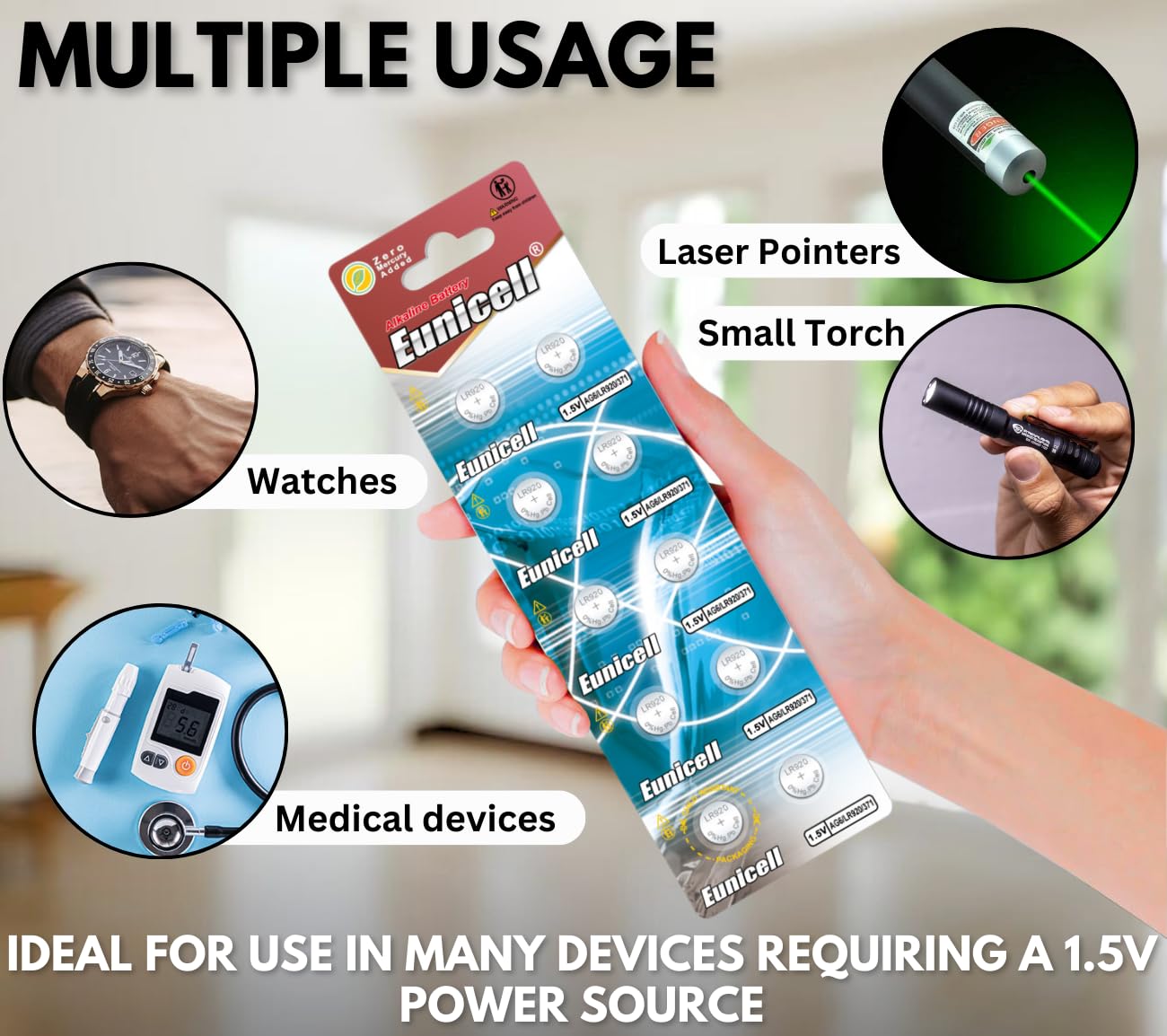 Pack of 10 - LR920/AG6 Eunicell 1.5V Button Coin Cell Alkaline Batteries - Suitable for use in LED lights, Digital Voice Recorders, Toys, Blood Glucose, Cholesterol Testing, Meters, Toys - 5