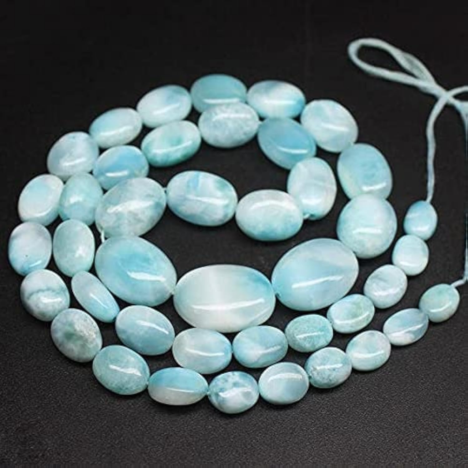 Perles larimar bleu naturel de forme ovale lisse en fil de 45cm pour loisirs créatifs