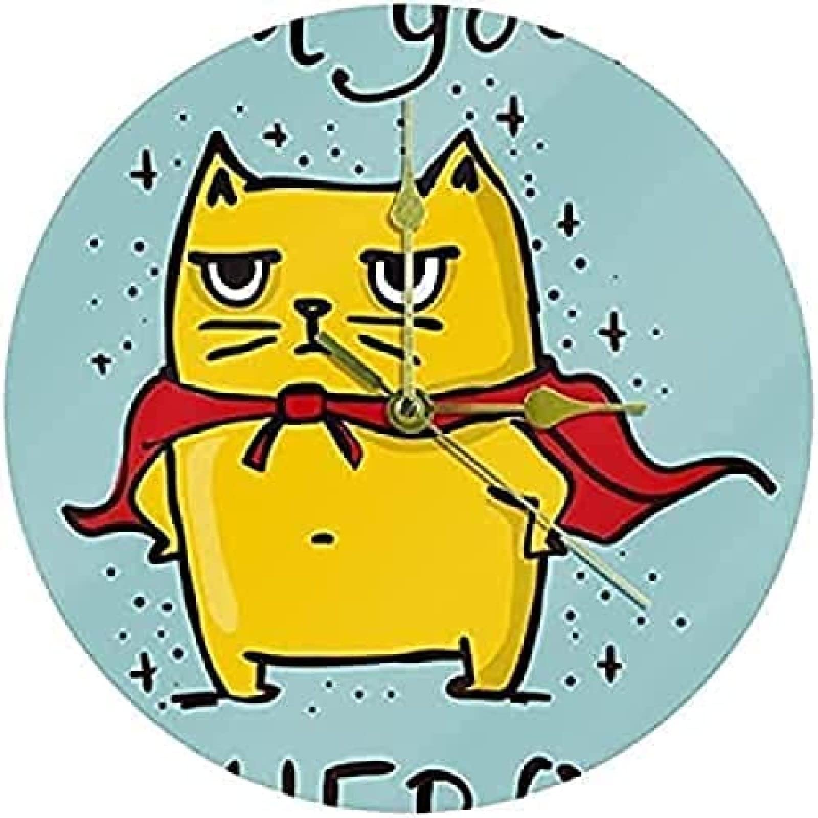 Reloj de Pared Cool Yellow Cat I Am Your Hero 12 Pulgadas Cuarzo Funciona con Pilas Sin Escala Mecanismo de Reloj Redondo