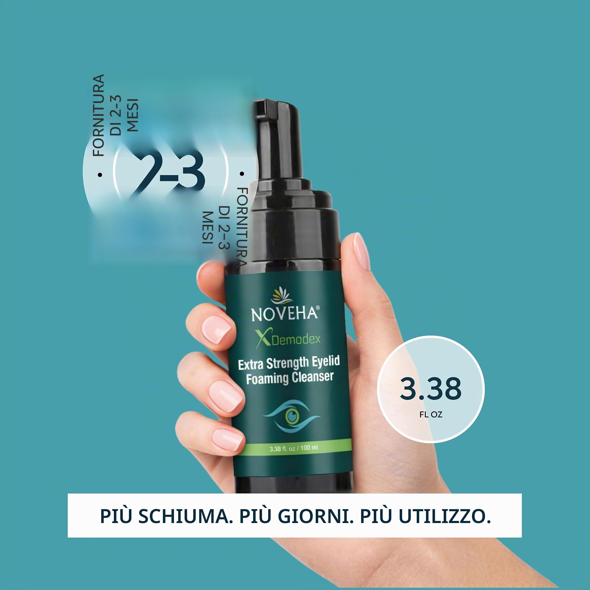 NOVEHA Schiuma Detergente Palpebrale per Demodex | Formula Extra Forte all'Olio di Tea Tree | Detergente Viso Quotidiano per Ciglia, Demodex, MGD, Orzocchi, Irritazioni Oculari e Secchezza Cutanea