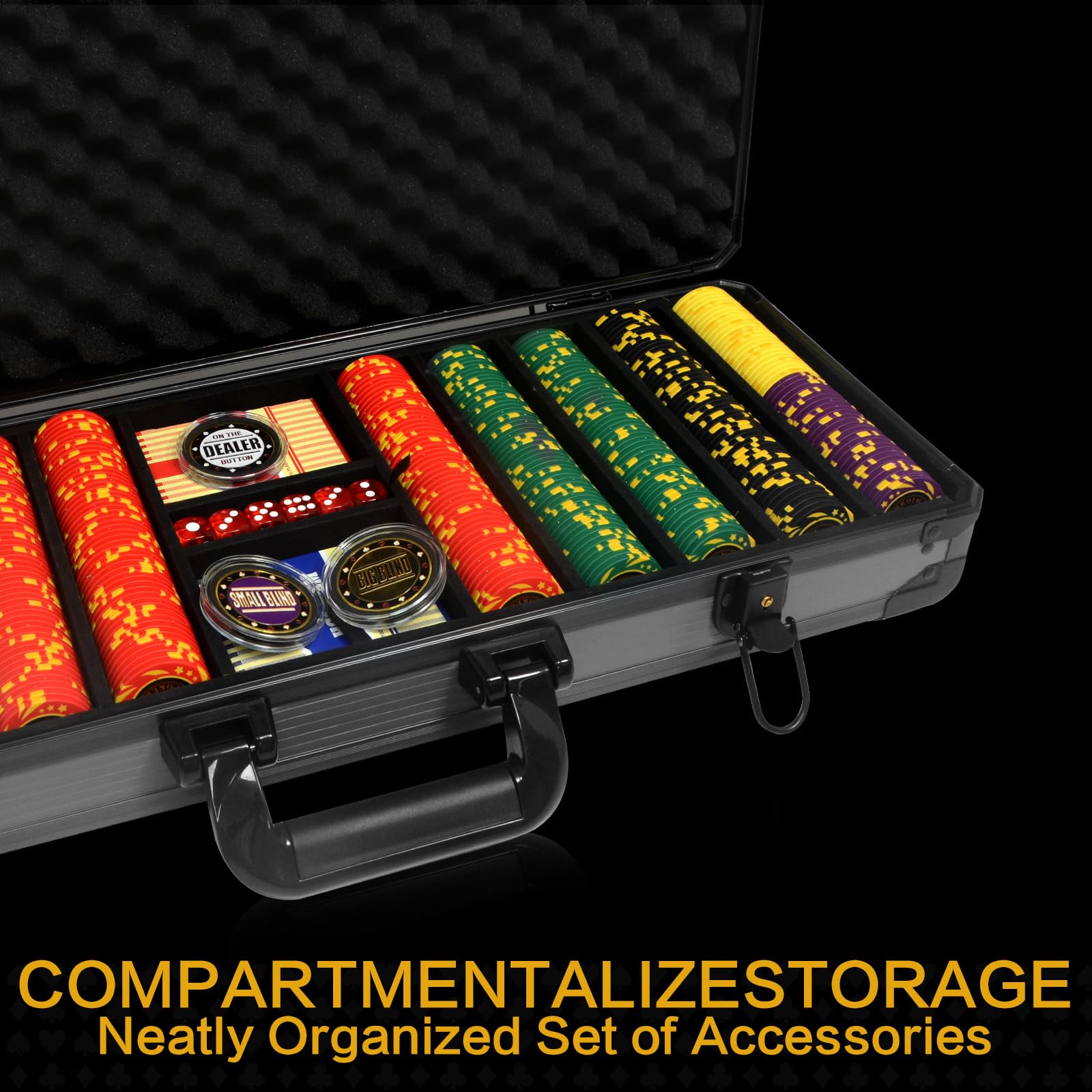 Juego de fichas de póquer de arcilla de 13,5 gramos, fichas de casino Texas Hold'em, 2 barajas de cartas, botones de distribuidor de caja de aluminio, para juegos de póquer de blackjack (500