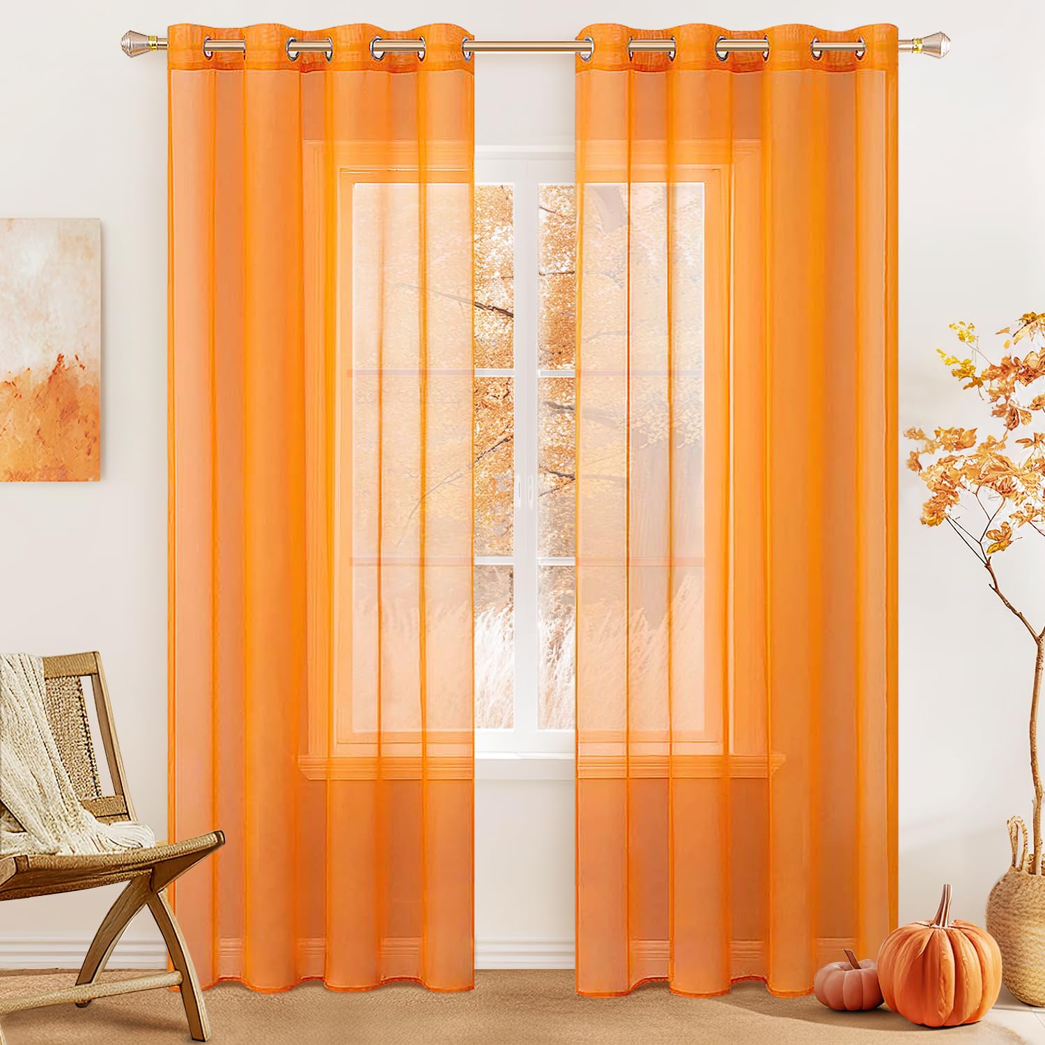 MIULEE Fall Sheer Curtains for Living Room Party Decor Grommet Top Solid Elegant Orange Window Treatment Net for Bedroom 54 x 84 Inches Length