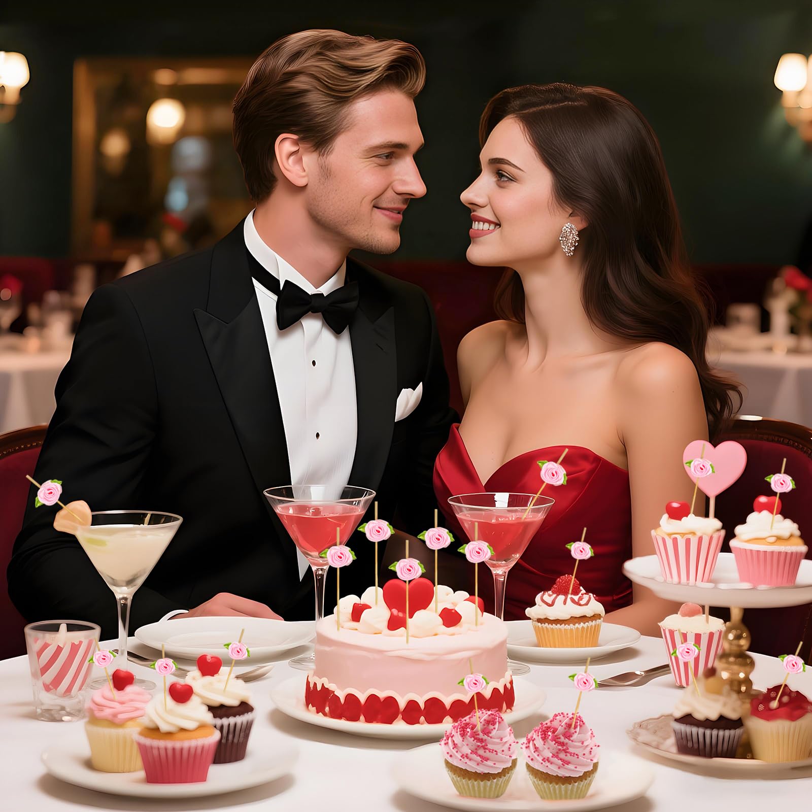Stuzzicadenti da Cocktail, 100 Pezzi Spiedini da Cocktail Fiore, con Decorazioni Fiore e Foglie Verdi, 12cm, per Estate, Feste di San Valentino, Compleanno e Matrimoni (Rosa)