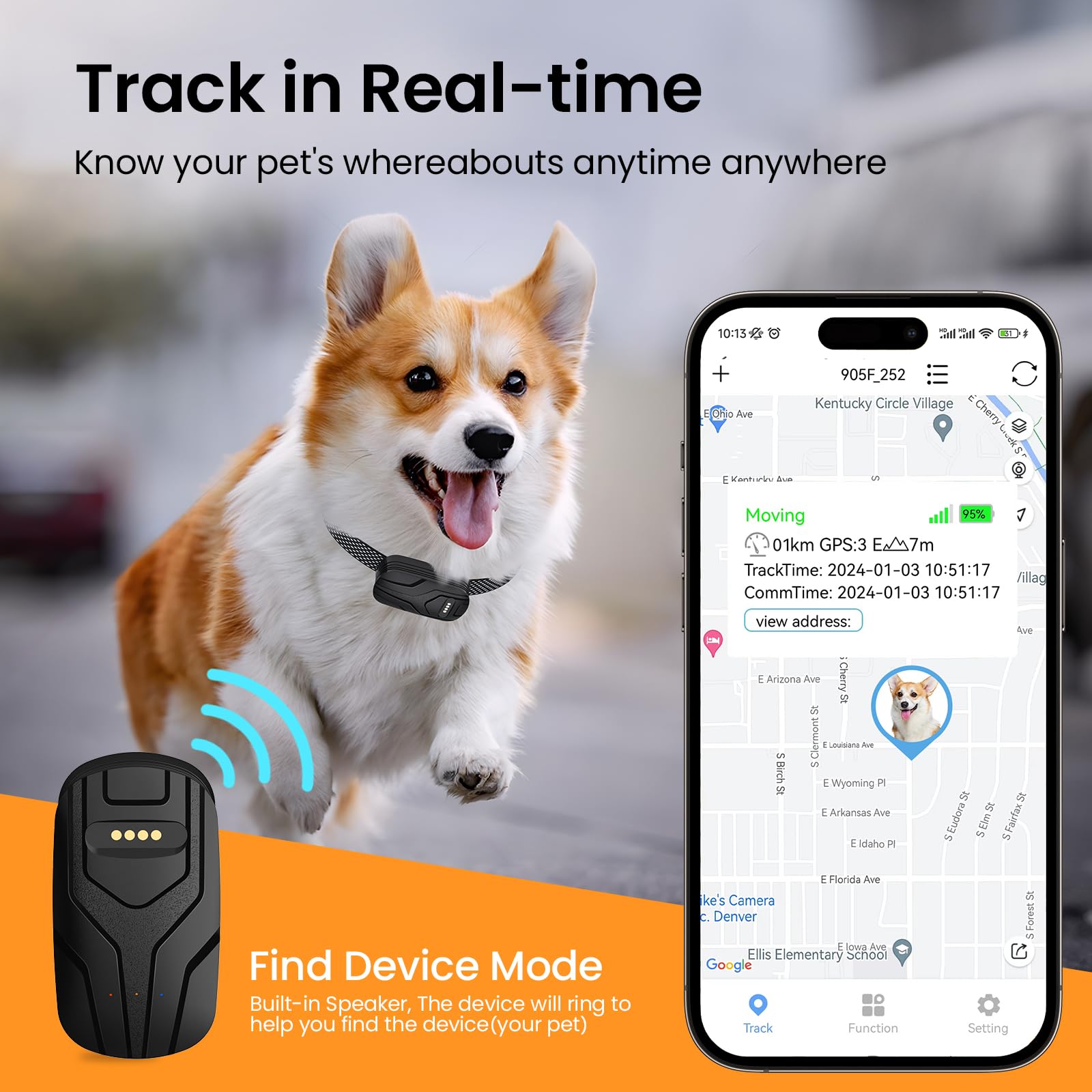 Collier GPS pour Chiens, Dog Tracker, GPS+WiFi+LBS Localisation Globale en Direct, Plusieurs Alertes Intelligentes, Lecture de Trace Historique, Surveillance de l'activité, rappel vocal à dist