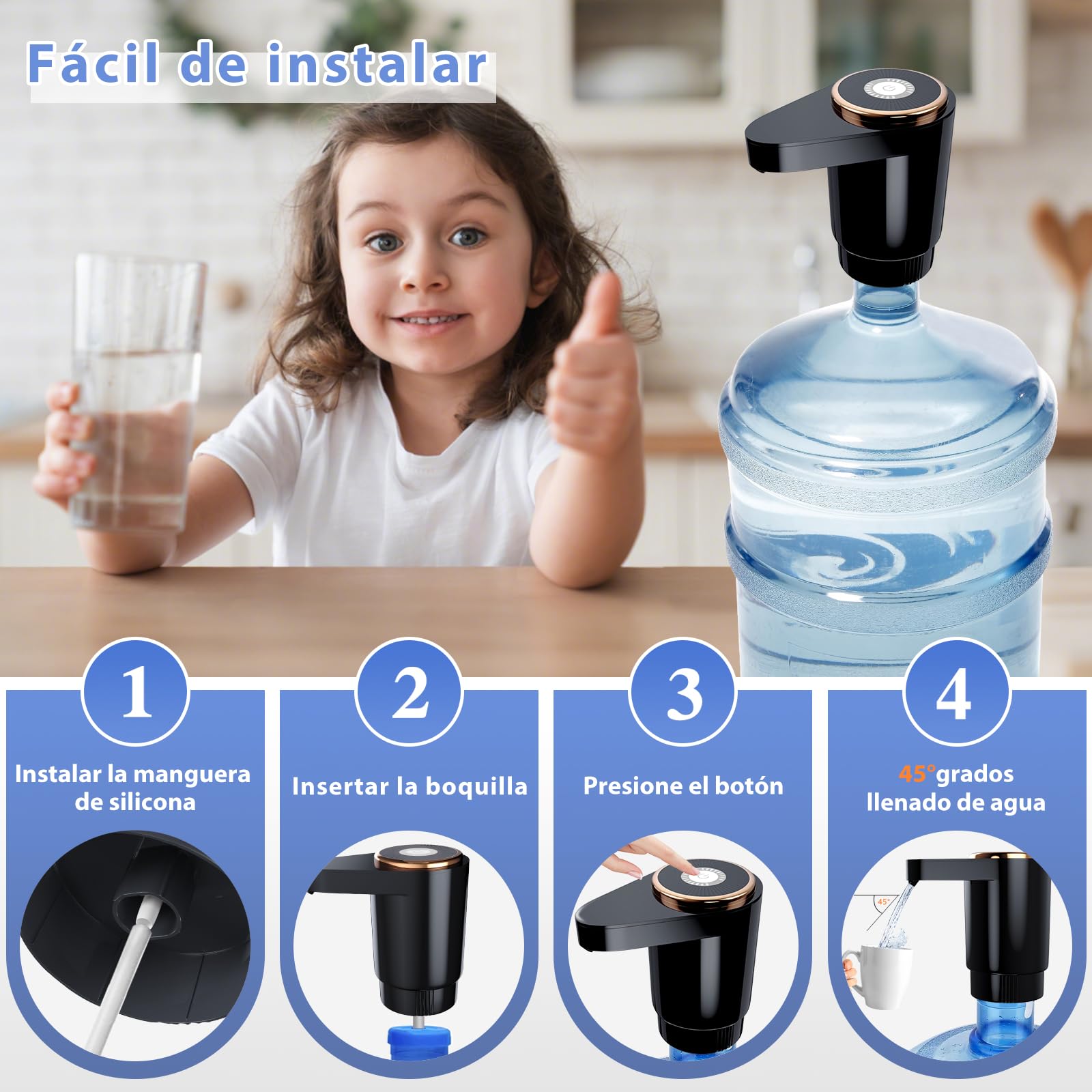 EasySpeed Dispensador de Agua de Doble Velocidad | Recargable 1200mAh Bomba de Grifo para Botellas con 2 Adaptadores | Compatible con Garrafas de 3 a 20 litros | para Camping, Casa & Oficina, Negro — view 5