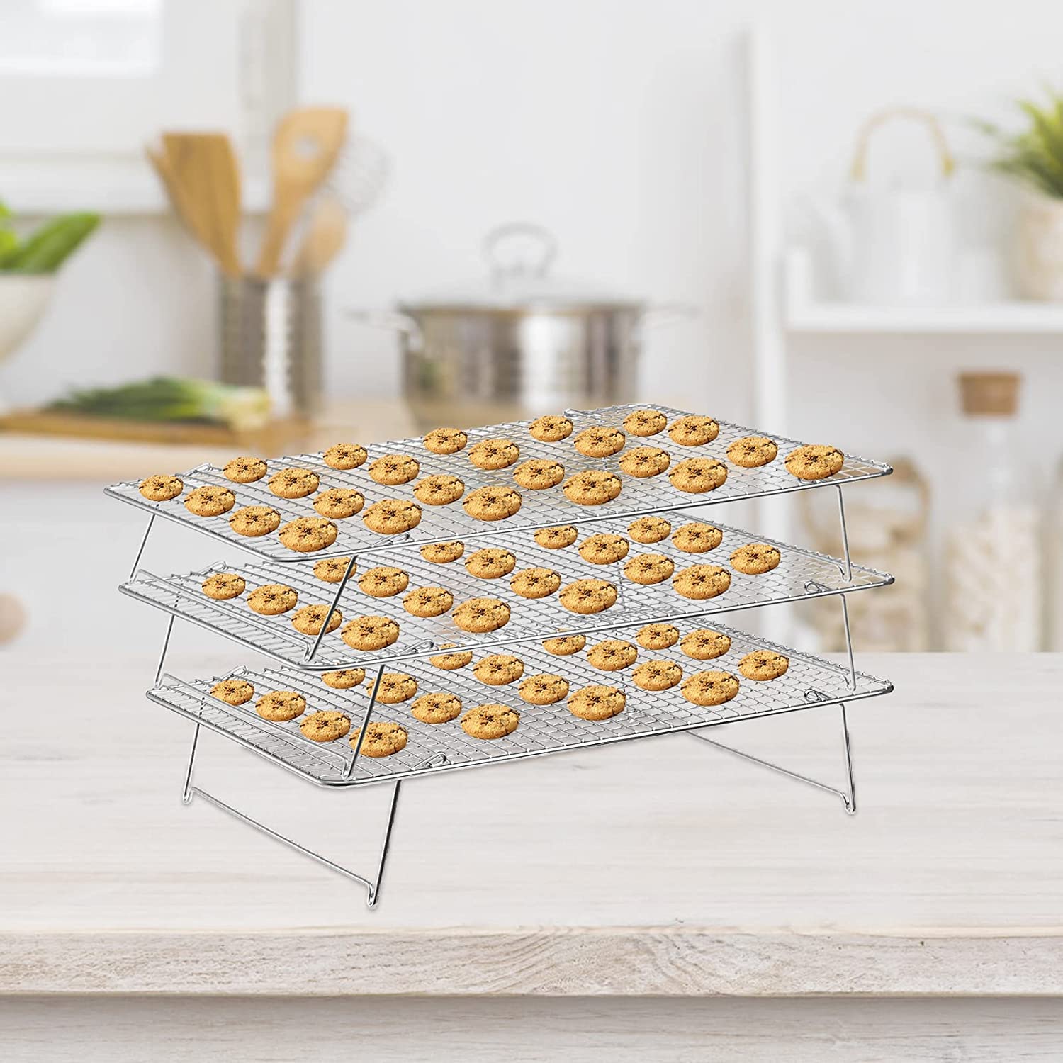 Tebery Lot de 3 grilles de refroidissement pliables en acier inoxydable 304 42 x 30,5 x 22 cm Argenté
