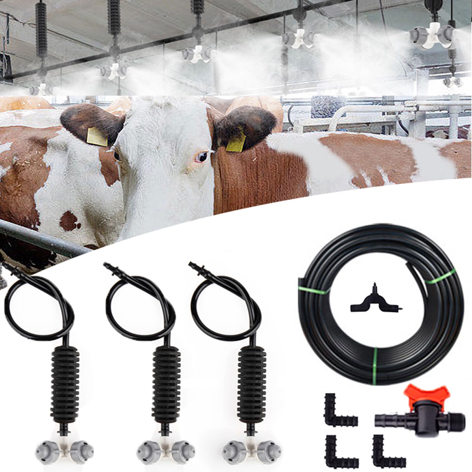 Staubdichtes Sprühnebel Kühlung Set für Viehzuchtbetrieb, Outdoor Misting System mit Nebeldüsen, Wasserbewässerungssystem, Wassernebel Sprühsystem, DIY-Pflanzenbewässerungs-Set for Garten(Size:30m)