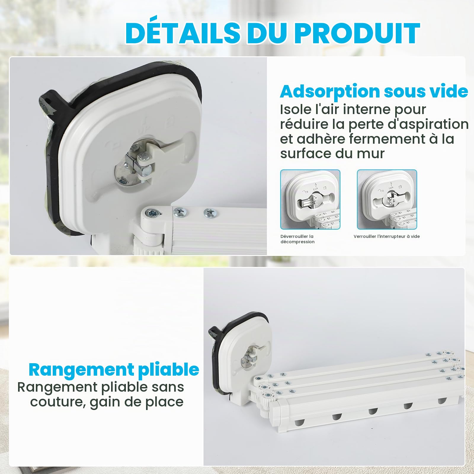 Tringle à rideau de douche sans perçage avec rideau de douche et anneaux, pliable à 360°, en aluminium, pour douche en forme de L et d'angle, pliable et peu encombrante (blanc, 5 compartiments)