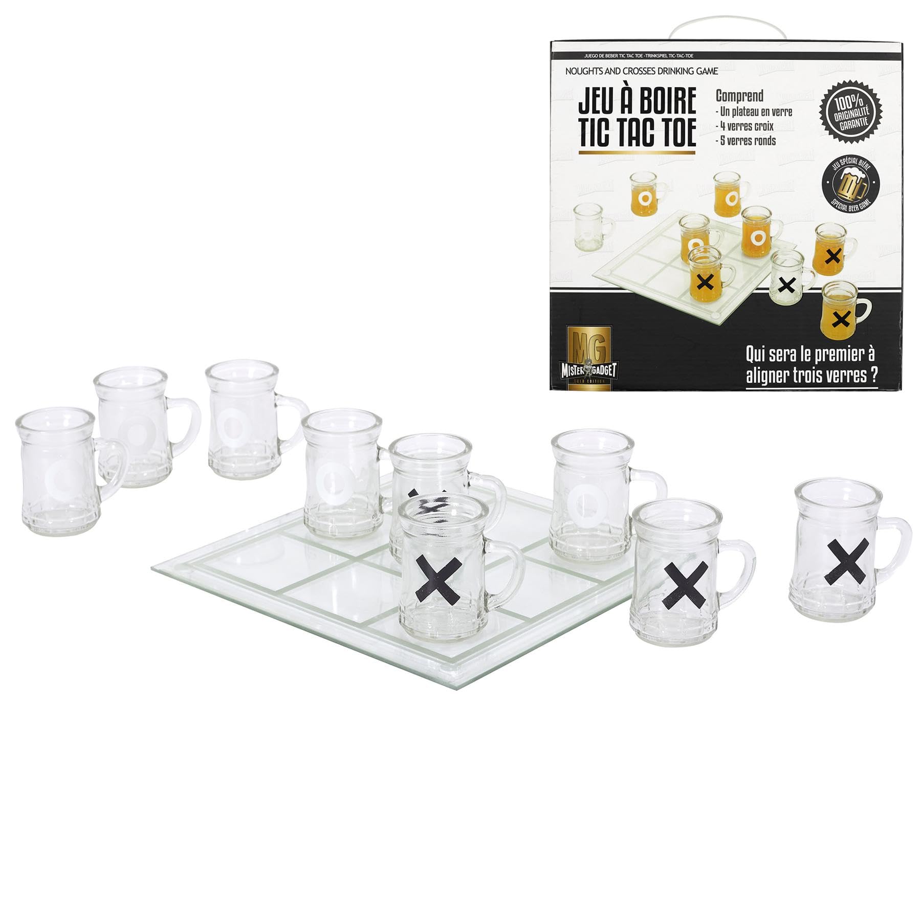 MISTER GADGET Jeu à Boire Tic Tac Toe en Verre 9 Verres 22 cm Transparent | Verre, jeu à boire tic tac toe, 9 verres, plateau 22x22 cm, soirées entre amis, transparent