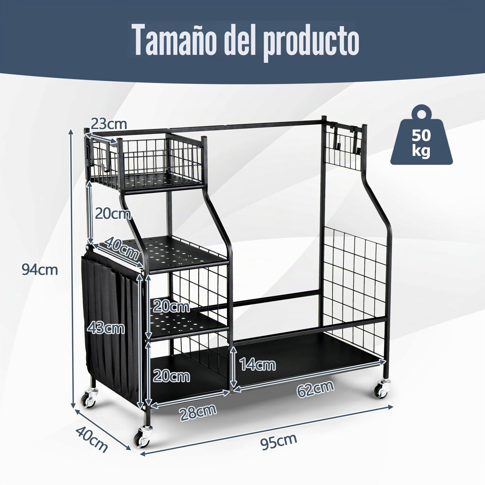 LIFEZEAL Estante de Golf con Ruedas, Organizador para Accesorios de Golf con Bolsa de Tela, Estante para Bolsa de Golf con Cesta y Gancho, Almacenamiento para Pelotas de Golf y Palos de Golf