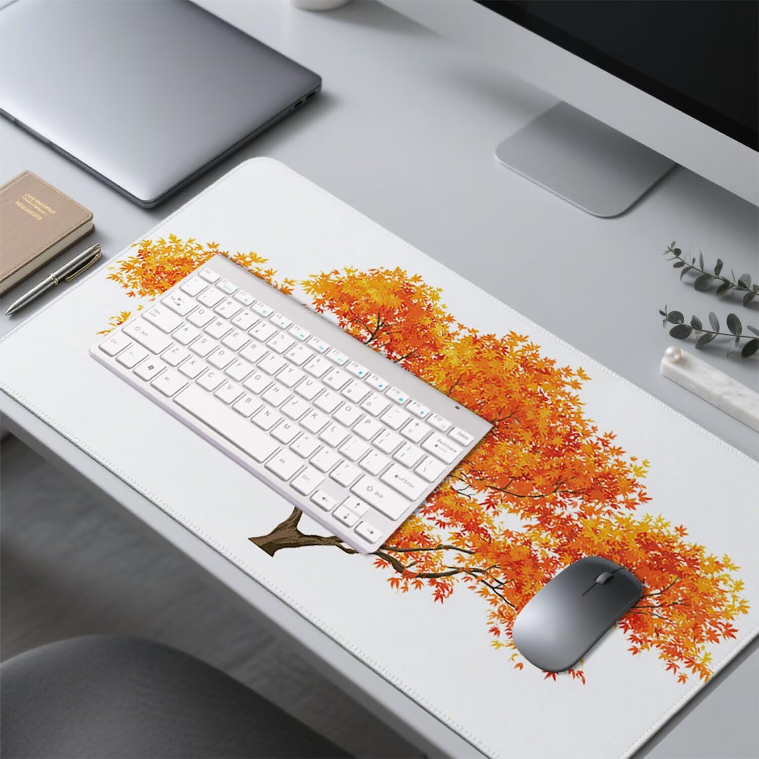 Biała podkładka pod mysz, duża podkładka pod klawiaturę, do gier, 140 x 60 x 0,3 cm, wodoodporna, z gumową podstawą, antypoślizgowa, drzewo XXL, mata do laptopa, akcesoria do gier z przeszytymi