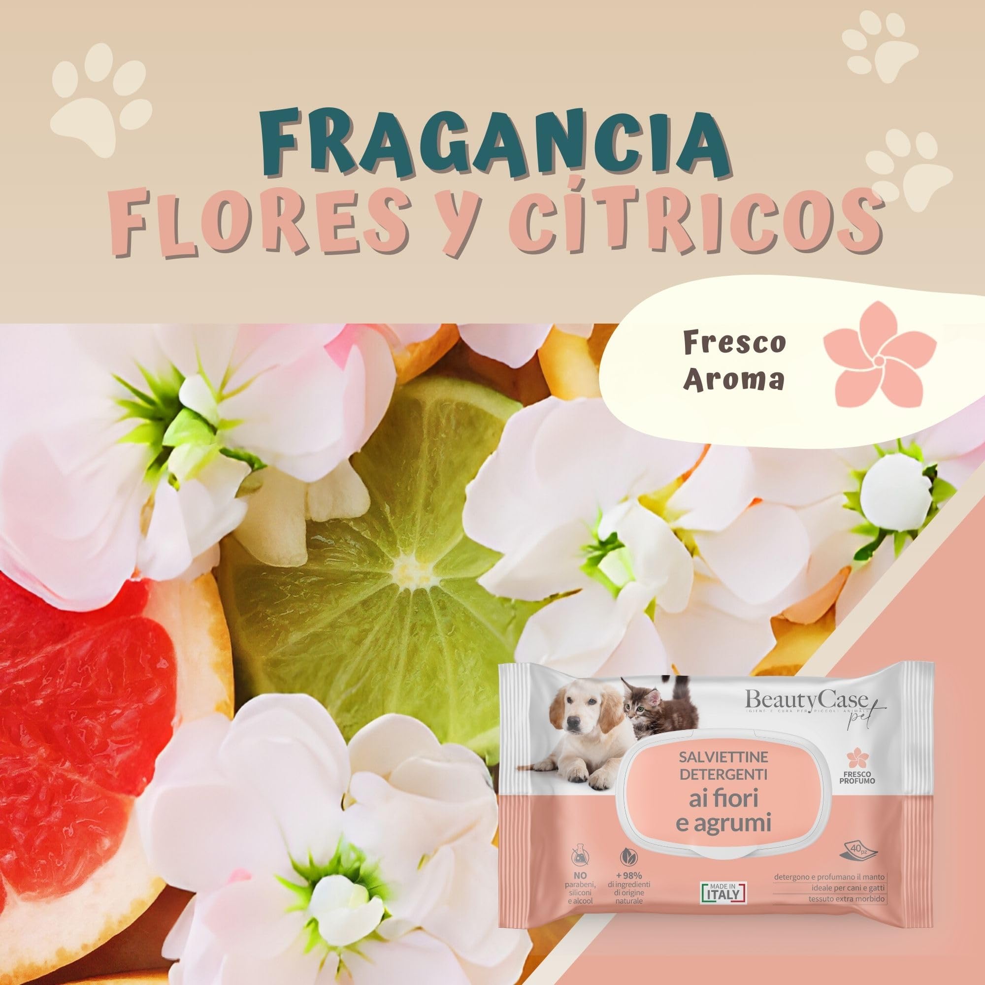 Beauty Case Toallitas para Mascotas 480 uds (12x40) - Toallitas Higiene Perro y Gato Extra Suaves, Hipoalergénicas, Desodorizantes y Sin Enjuague - Aroma Flores Frescas y Cítricos