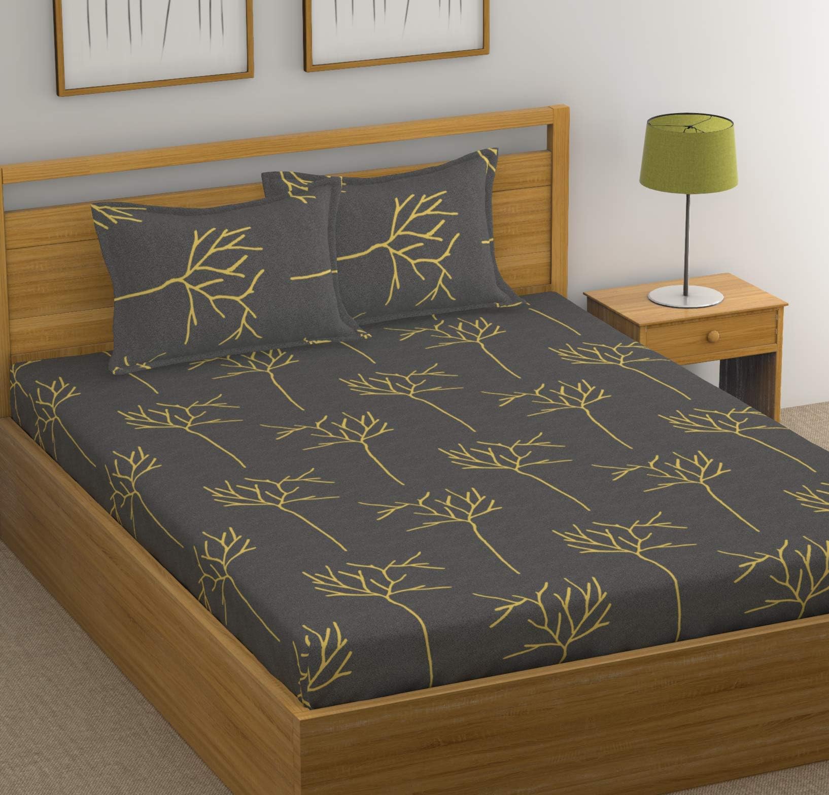 HUESLANDby Ahmedabad Cotton 144 TC Cotton Bedsheet for Double Bed with 2 Pillow Covers - Grey and Yellow