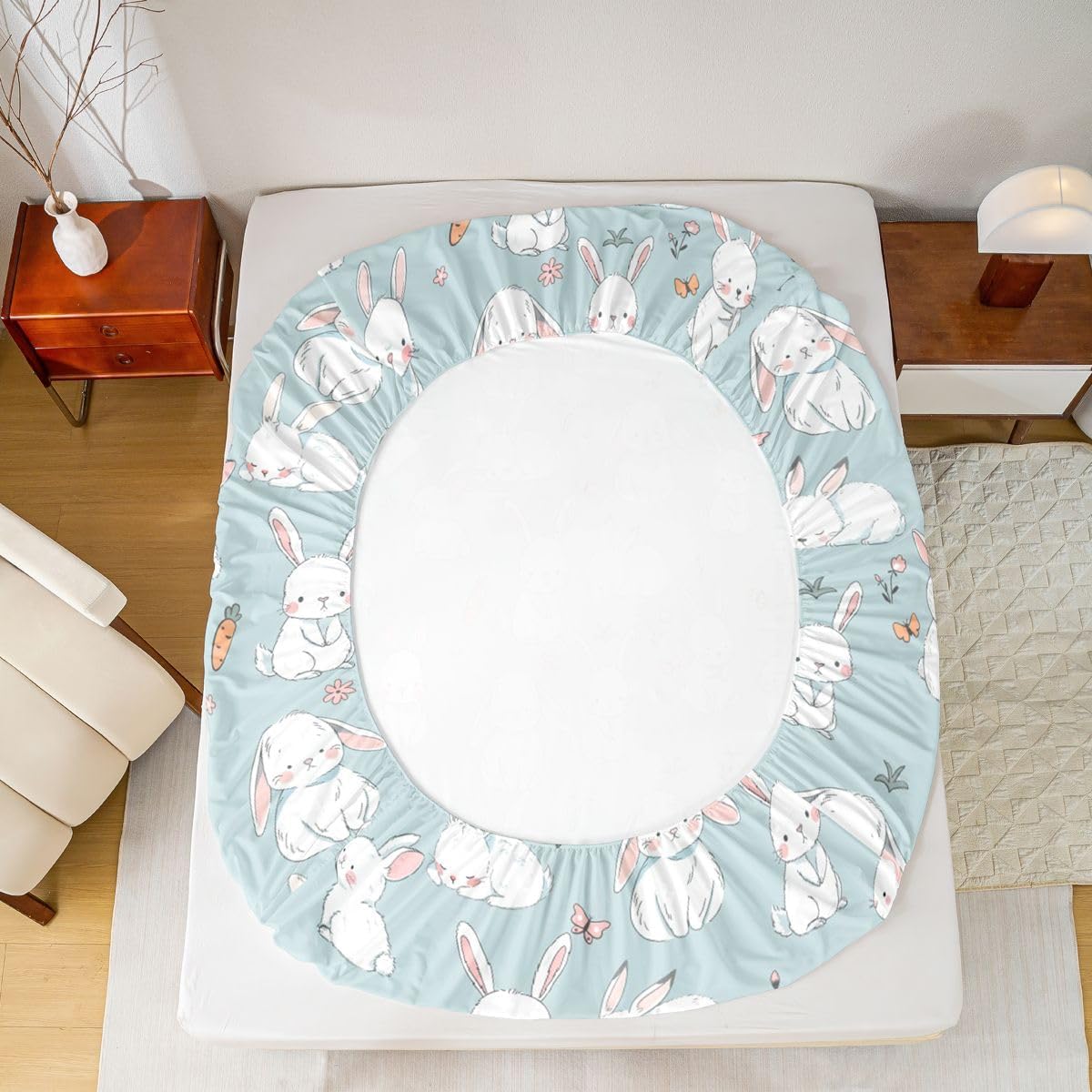 Erosebridal Kids Rabbit Fitted Sheet Cute Easter Rabbit Carrot Bedding Flat Sheet Full Size for Boys Girls Kawaii Animal Bunny Blue Bed 4 Pcs Spring Flowers Sets with 2 Pillowcases