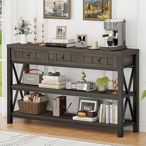 FATORRI Mesa consola industrial para entrada, mesa de sofá rústica con 3 cajones para sala de estar, mesa de pasillo de granja y mesa de sofá detrás