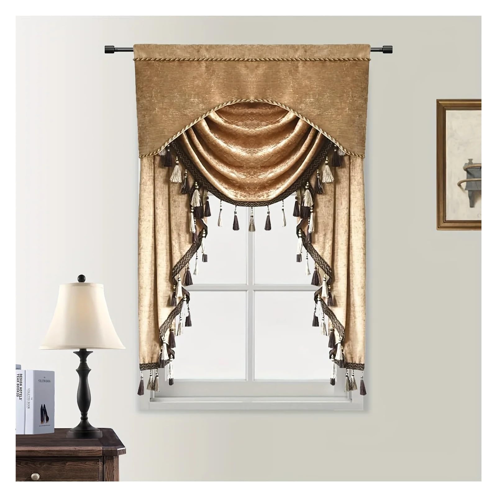 ZHOUXYFDC Swag Valance For Windows Brown Floral Valance For Living Room Luxury Flower Waterfall Swag Window Treatment For Bedroom, Rod Pocket Top(W100xH120CM(1 swag))