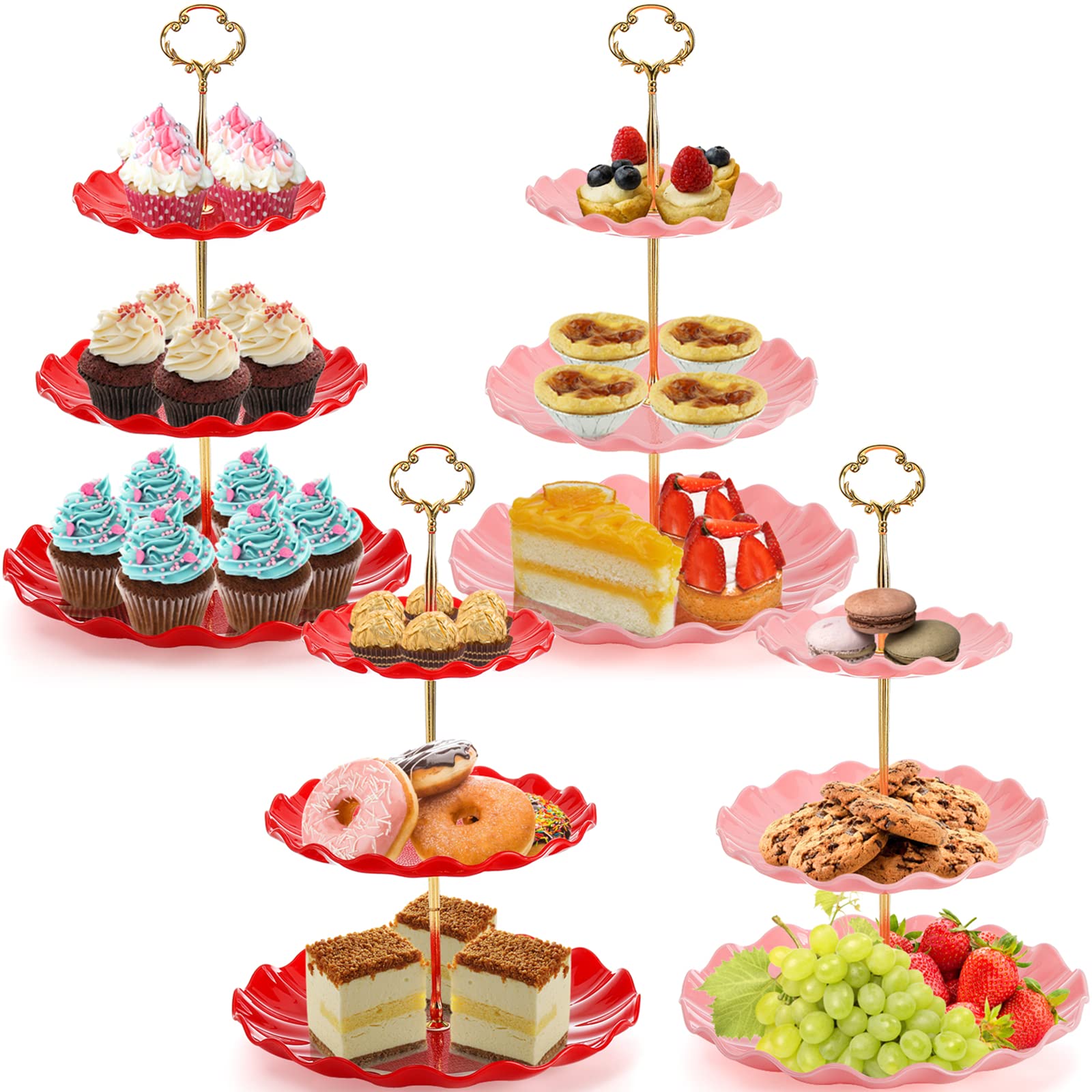 DEAYOU Paquete de 4 soportes para cupcakes de 3 niveles, torre de exhibición de postres de plástico, bandejas escalonadas para servir tartas con varilla dorada, bandeja para pastelería para bufé