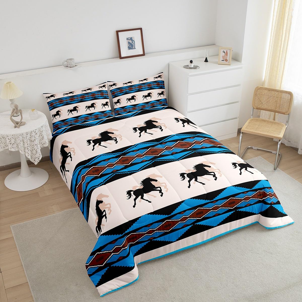 Juego de edredón de caballo, juego de ropa de cama rústico de vaquero occidental, edredón de plumón azteca nativo americano para niños y niñas, decoración de habitación del suroeste, colcha de vida