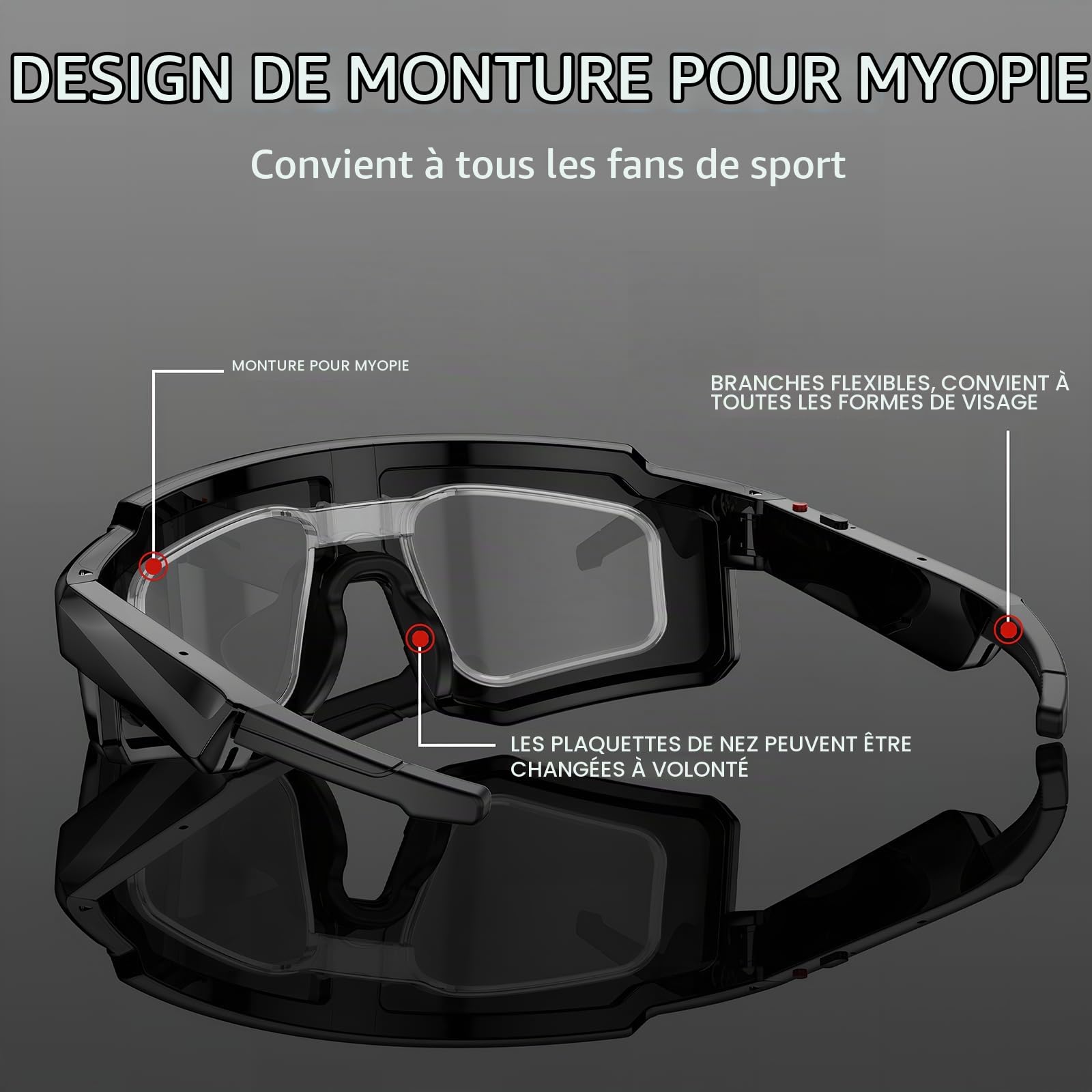 Lunettes Caméra 8MP Sport-Lunette Connectées avec Verres Anti-éblouissants