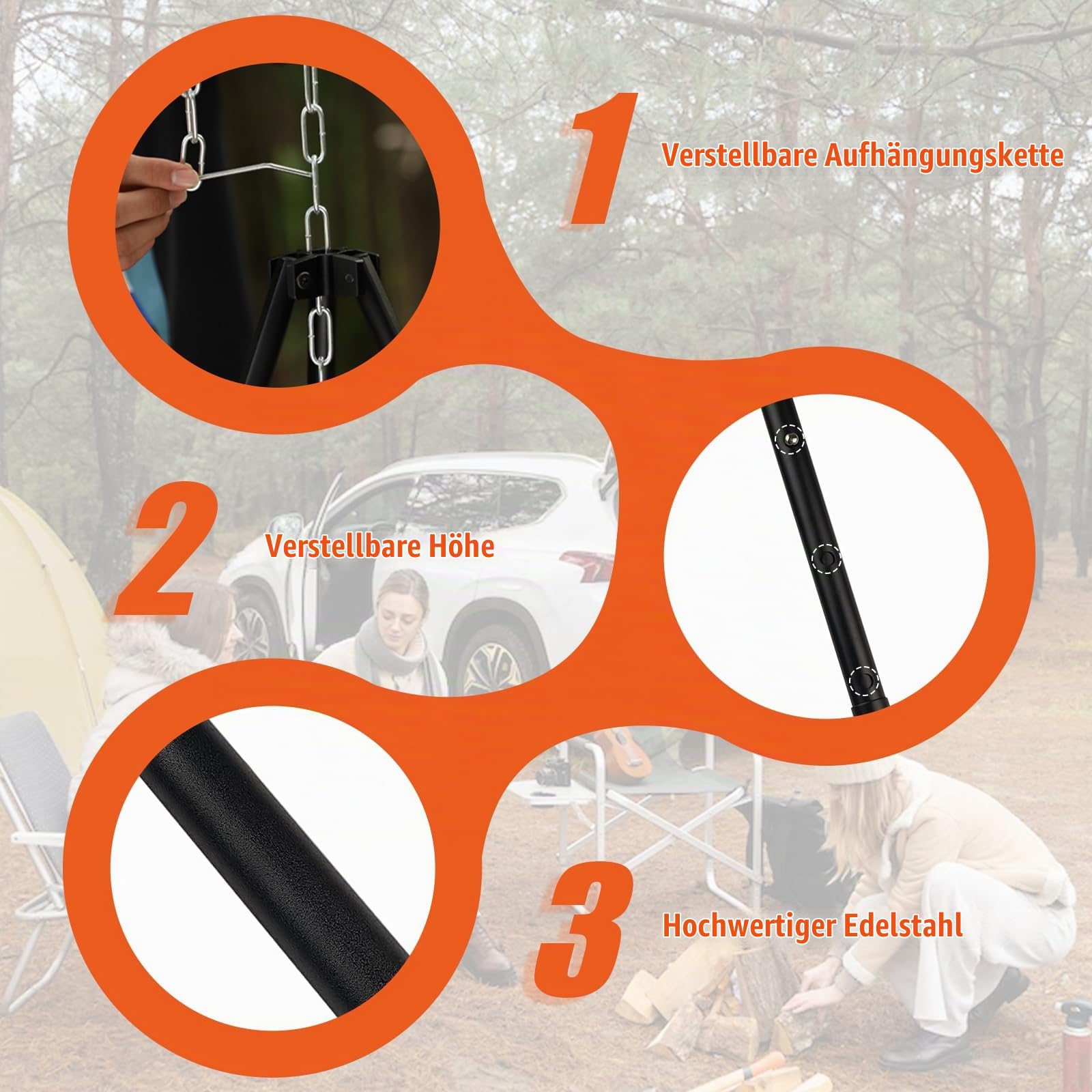 110CM Camping Stativ Lagerfeuer Kochen Stativ Outdoor Grillrost Stand Halterung Hängekette Verstellbar BBQ Dreibein im Freien(Silber)
