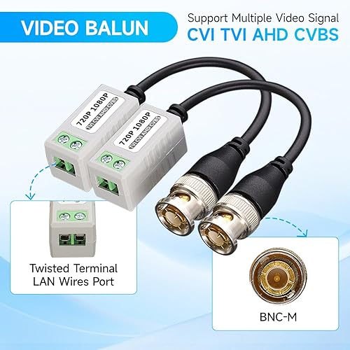 Miniatura 11 de 4 pares de conectores de balun de video pasivo 4K 8MP HD, CCTV BNC pasivo de video balun transceptor para BNC macho a través de un transmisor de par