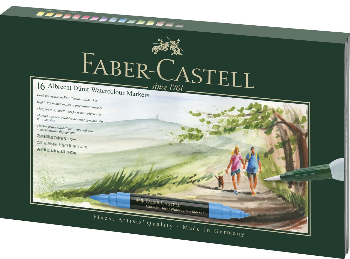FABER-CASTELL 160318 Aquarellmarker Albrecht Dürer mit Doppelspitze für flächigen und präzisen Farbauftrag, inklusive Wassertankpinsel, 16er Etui, bunt | Hoch pigmentierte Künstlerstifte mit Pinsel- und Faserspitze für flächigen und präzisen Farbauftrag