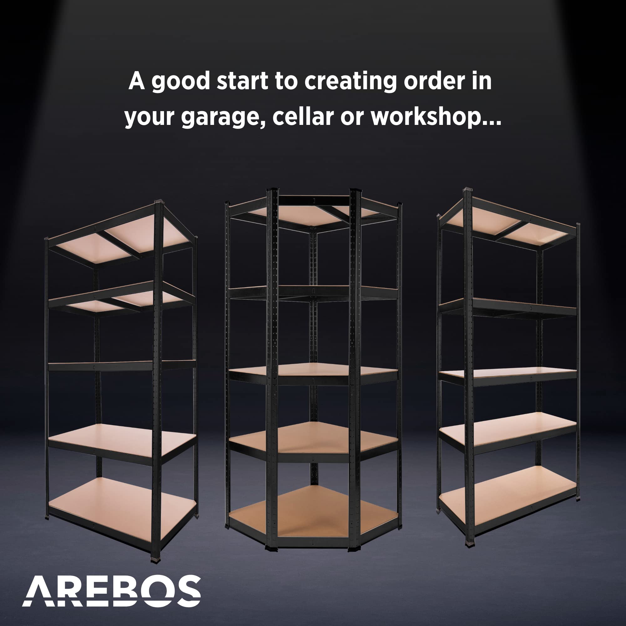 Arebos Schwerlastregal 3er Set | Eckregal Kombination | bis zu 875 kg Tragkraft | Montage durch Stecksystem | Robuste Metallkonstruktion | Mittelquerstrebe für mehr Stabilität | Schwarz