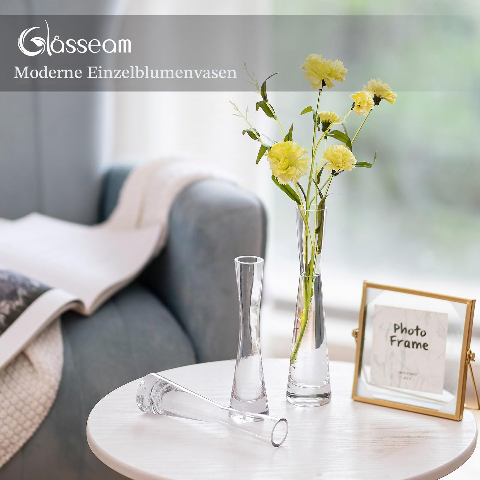 Glasseam Glasvase Set für Tafelaufsätze Tischdeko, 18er Klar Vase Glas | 20cm H, Handmade Blumenvase Modern, Schmale Vasen Deko für Blumen Pflanzen Rose Tulpen, Hochzeit, Party, Home, Wohnzimmer