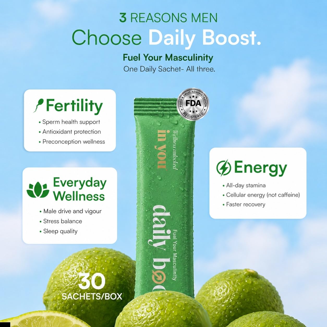 Daily Boost™ in you | 360° Men's Wellness Nutrition | Patented Testofen® + CoQ10 (QONTAN™) + Cordyceps + L-Theanine | Supports Testosterone, Fertility, Sperm Health, Energy, Longevity, Stress & Sleep