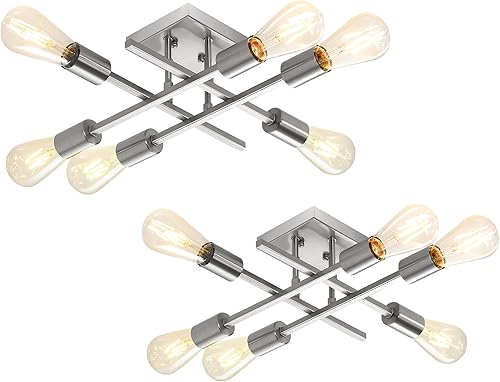Miniatura 10 de Lámpara de techo semiempotrada de 6 luces, paquete de 2 lámparas modernas de araña Sputnik color negro, lámpara de techo E26 para cocina, Negro