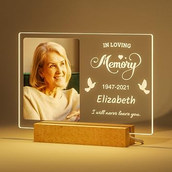 Bemaystar Personalized Memorial Gifts Sympathy Gifts Customized Memorial Night Light Bereavement Gifts Memorial Plaque Picture Frame Table Decorations for Loss of Loved One