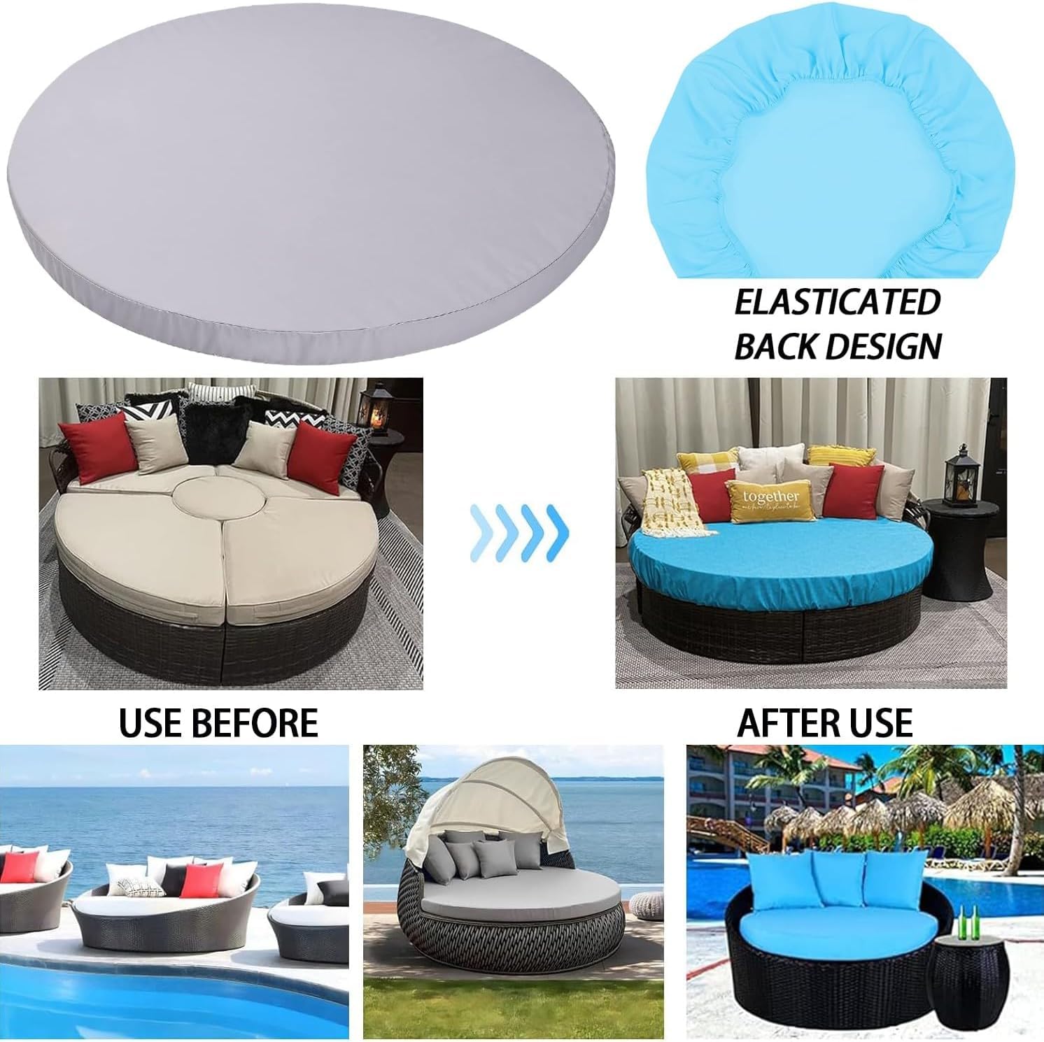 Nueva funda de cojín para cama de sol de 168 cm para cama de día exterior, (con banda elástica) Funda redonda de repuesto para cojín de cama ajustada de 168 cm Funda de cojín para cama de