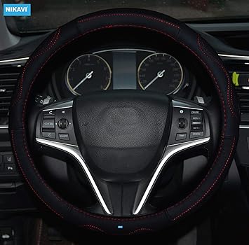 NIKAVI Microfiber Leather Auto Car Steering Wheel Cover Universal 15 inch Red Line (BLACK) Type-2