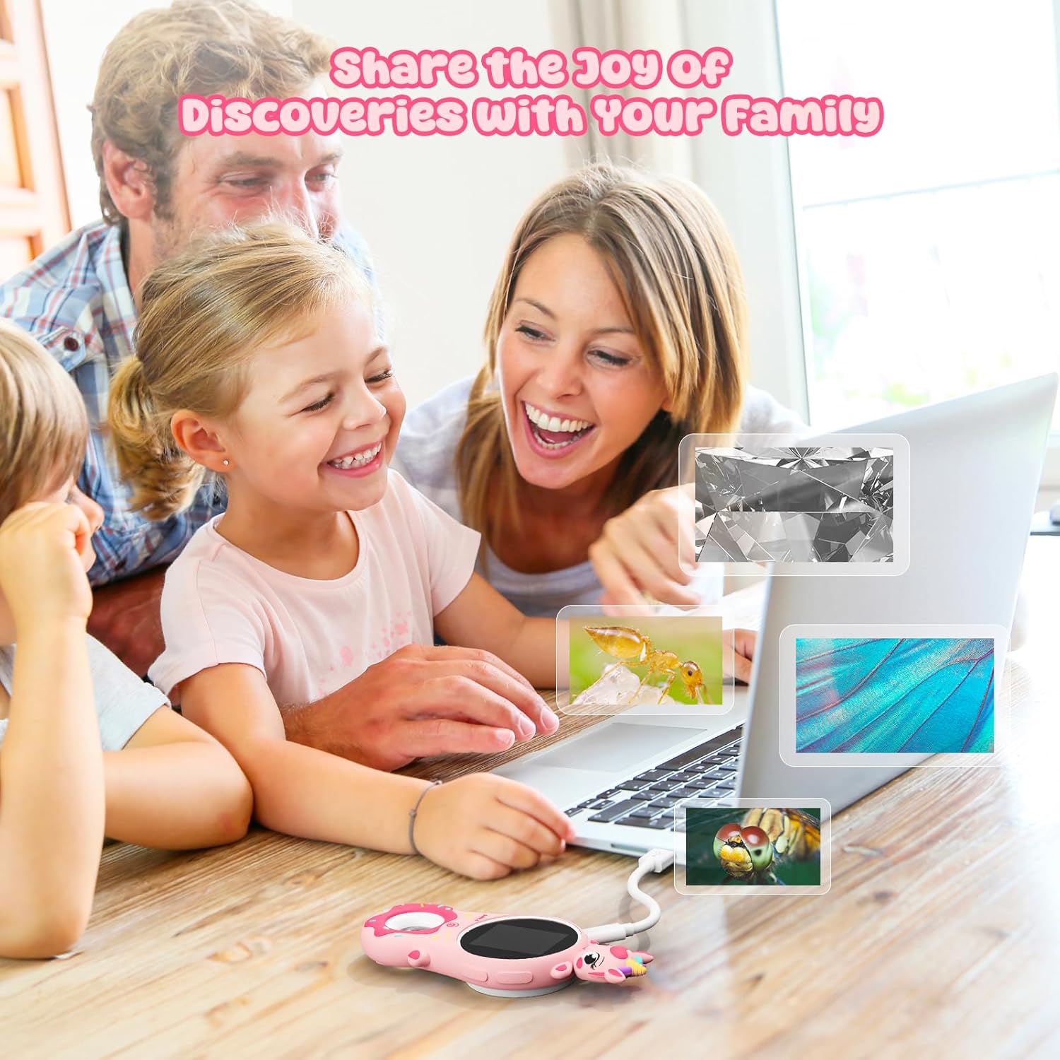 Family viewing magnified images from the microscope on a laptop, showing an ant, a butterfly wing, and a pearl